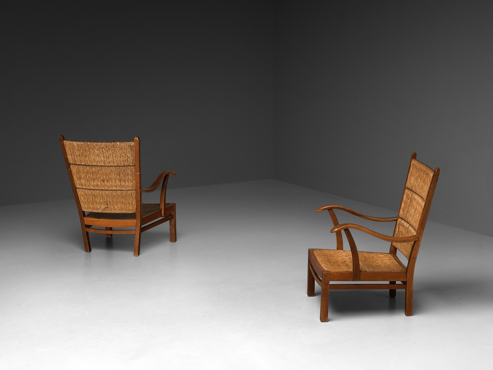 Pair of Dutch Lounge Chairs in Woven Straw and Wood  5