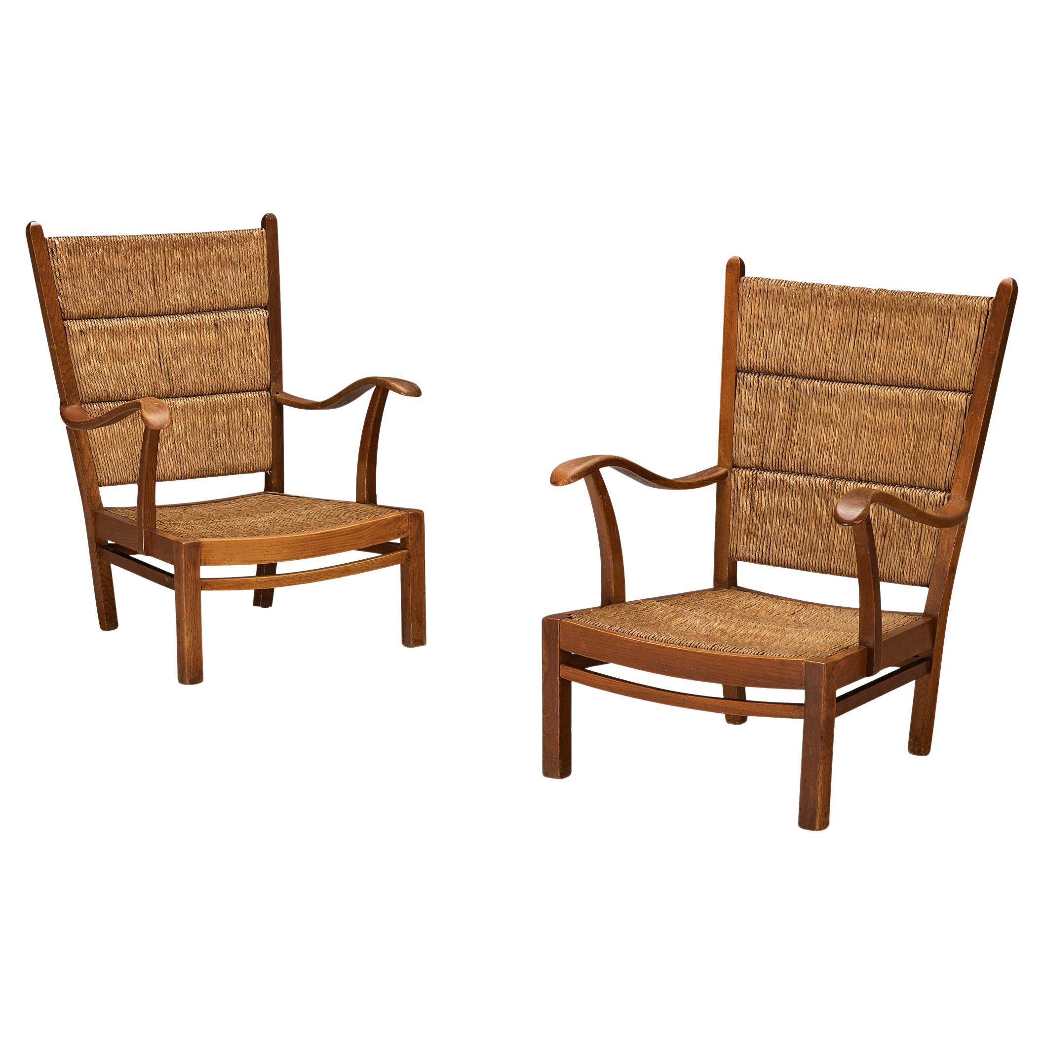 Pair of Dutch Lounge Chairs in Woven Straw and Wood 