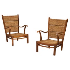 Pair of French Lounge Chairs in Woven Straw and Wood 