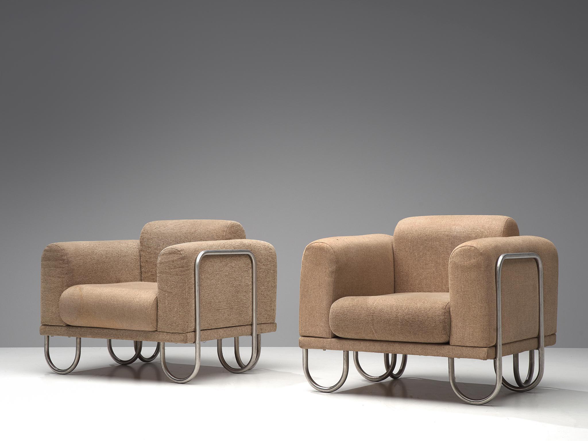 Pair of French club chairs, fabric and metal, France, 1970s

A comfortable easy chair that features a curved, chromed tubular frame. The frame appears to be an ongoing curved line, moving upwards to support the cushions and downwards, functioning as