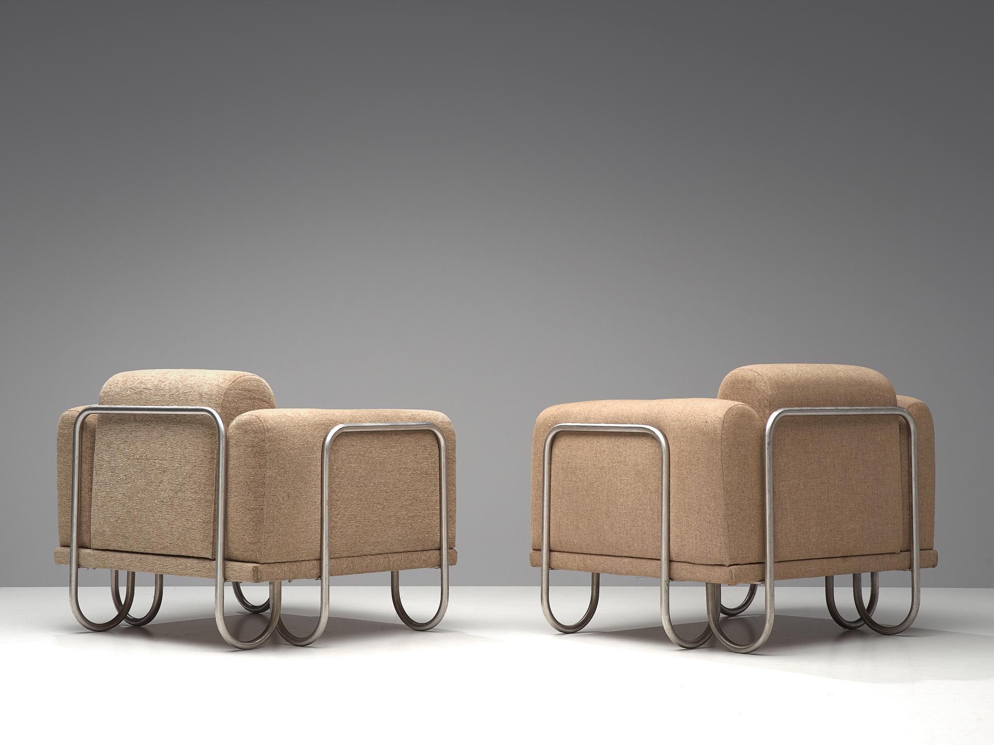 Mid-Century Modern Pair of French Lounge Chairs with Tubular Frames