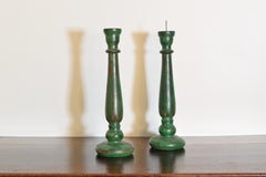 Pair of French LPhilippe Style Turned and Green Painted Wooden Candlesticks