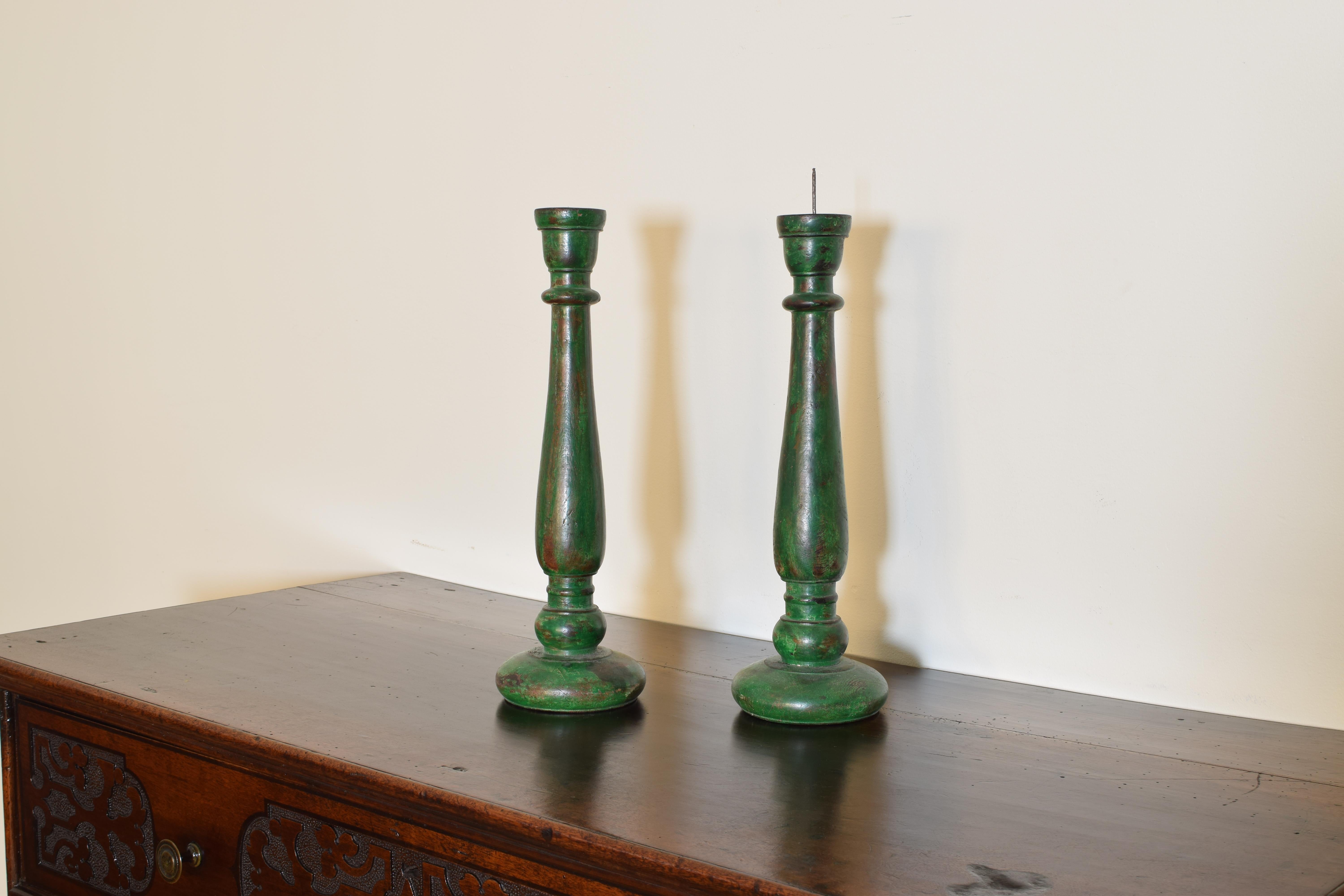 Louis Philippe Pair of French LPhilippe Style Turned and Green Painted Wooden Candlesticks