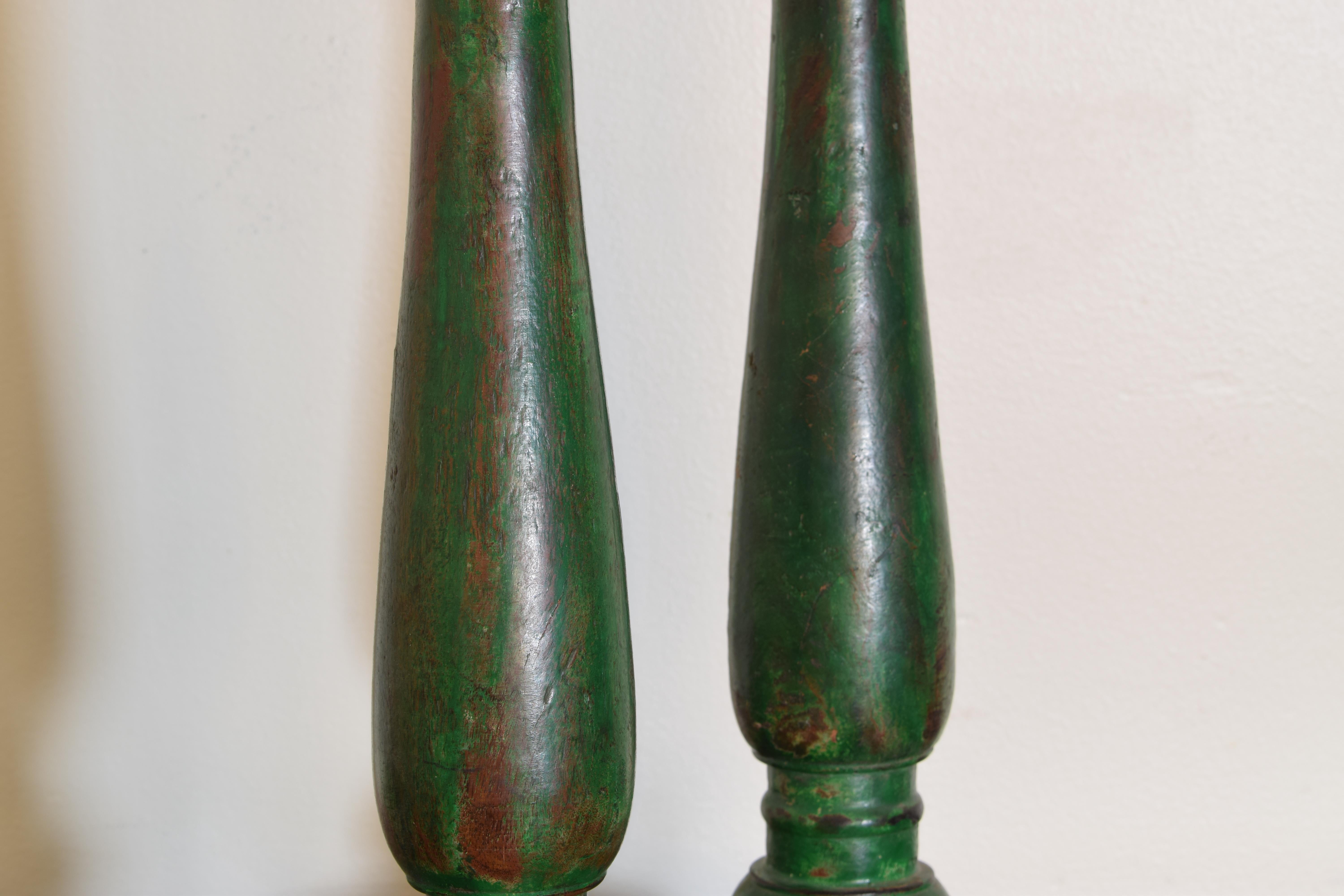 Pair of French LPhilippe Style Turned and Green Painted Wooden Candlesticks In Good Condition In Atlanta, GA