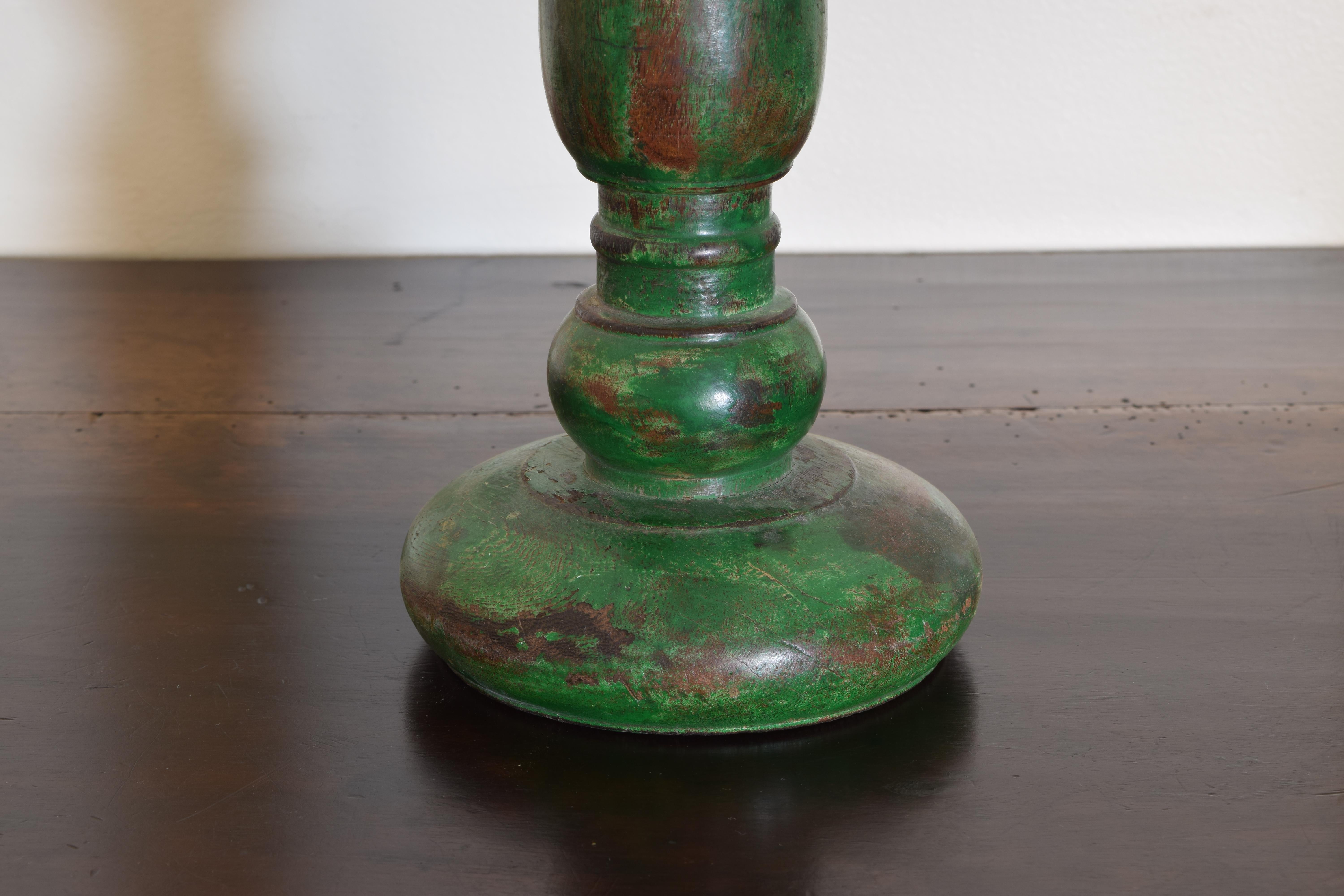 20th Century Pair of French LPhilippe Style Turned and Green Painted Wooden Candlesticks