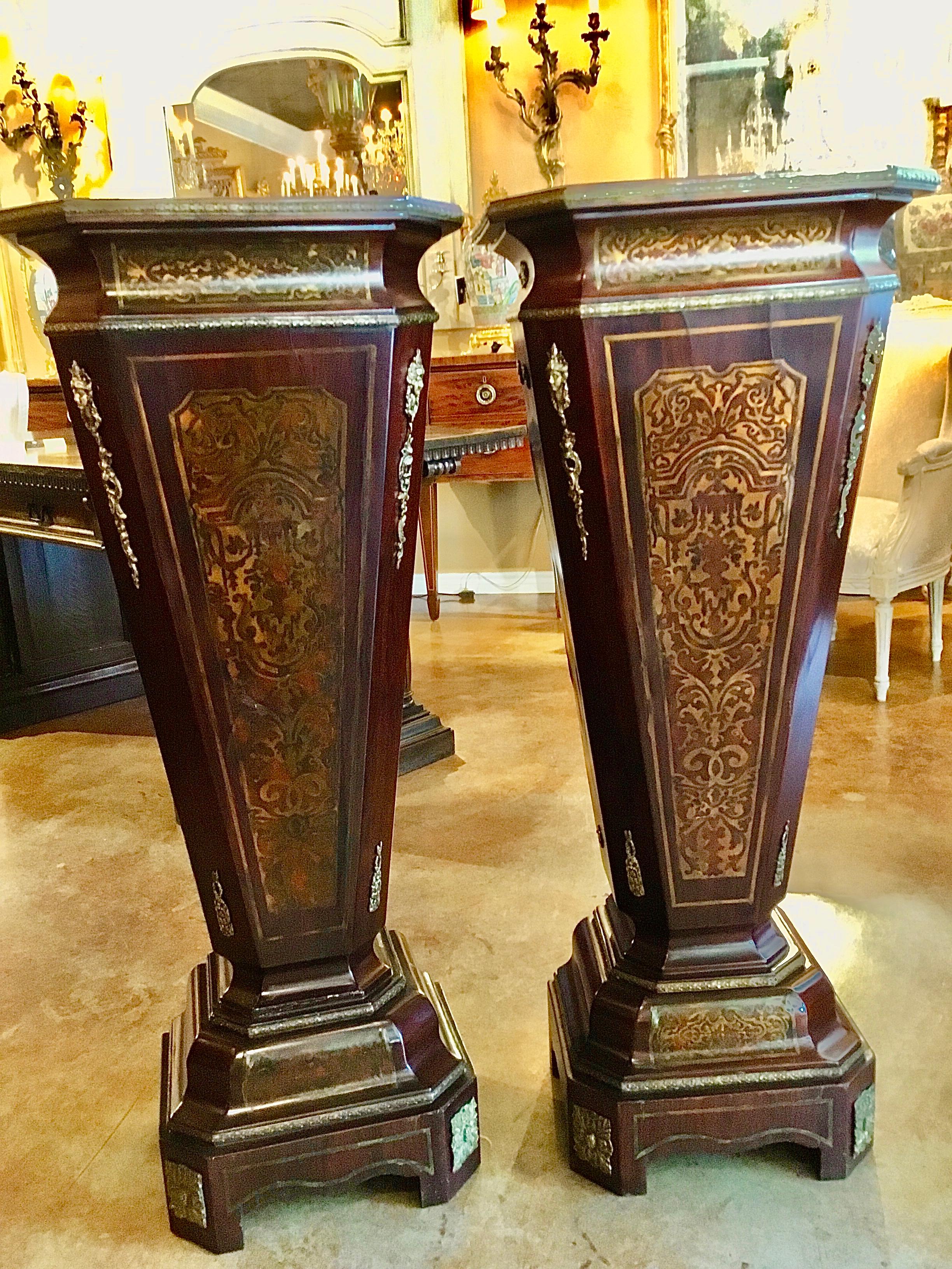 Pair of French Mahogany and Boulle Pedestals 4