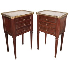 Antique Pair of French Mahogany and Brass Inlaid Side Tables with Carrara Marble Tops