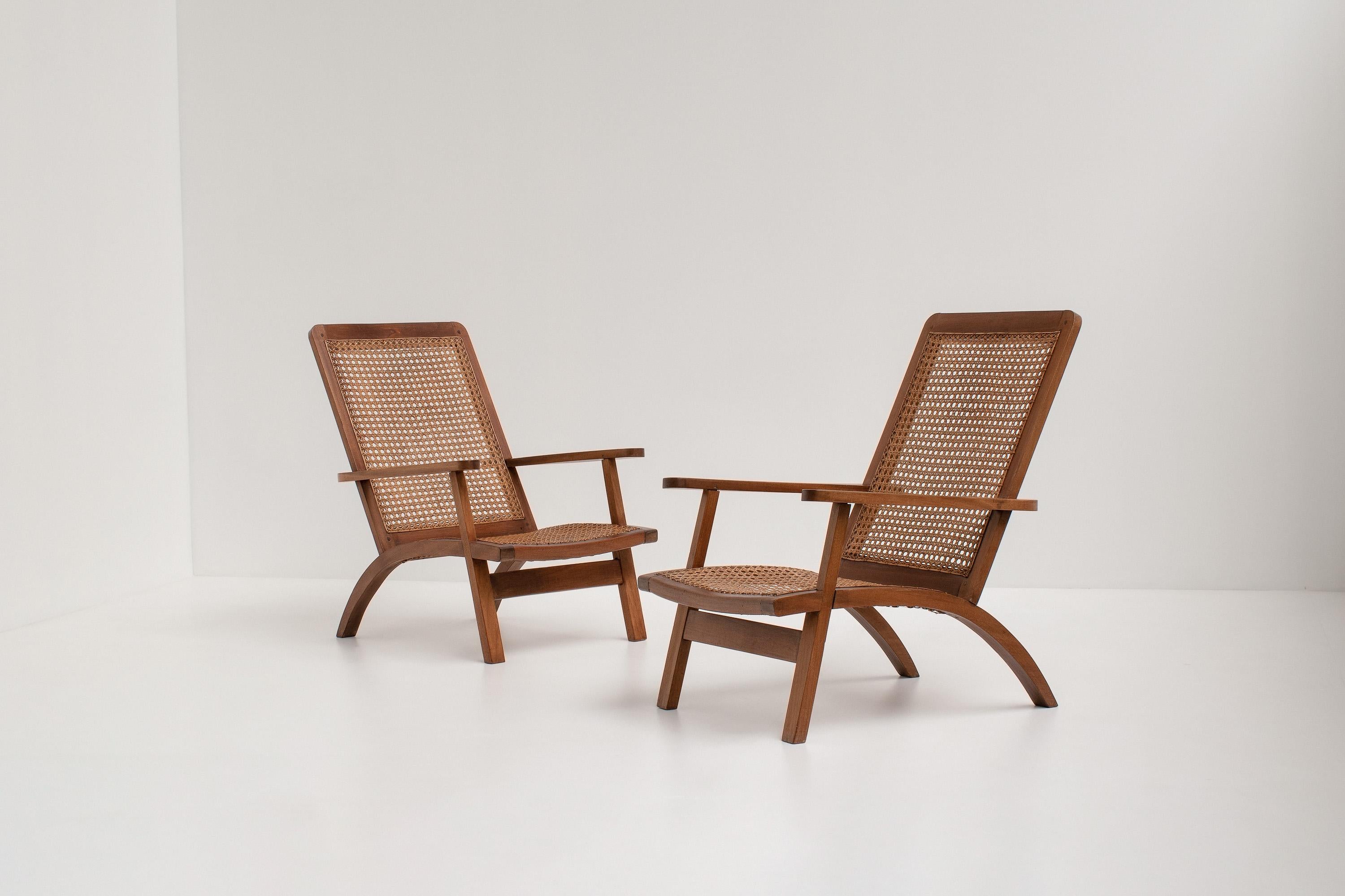 Mid-Century Modern Pair of French Mahogany and Cane Armchairs, 1950s For Sale