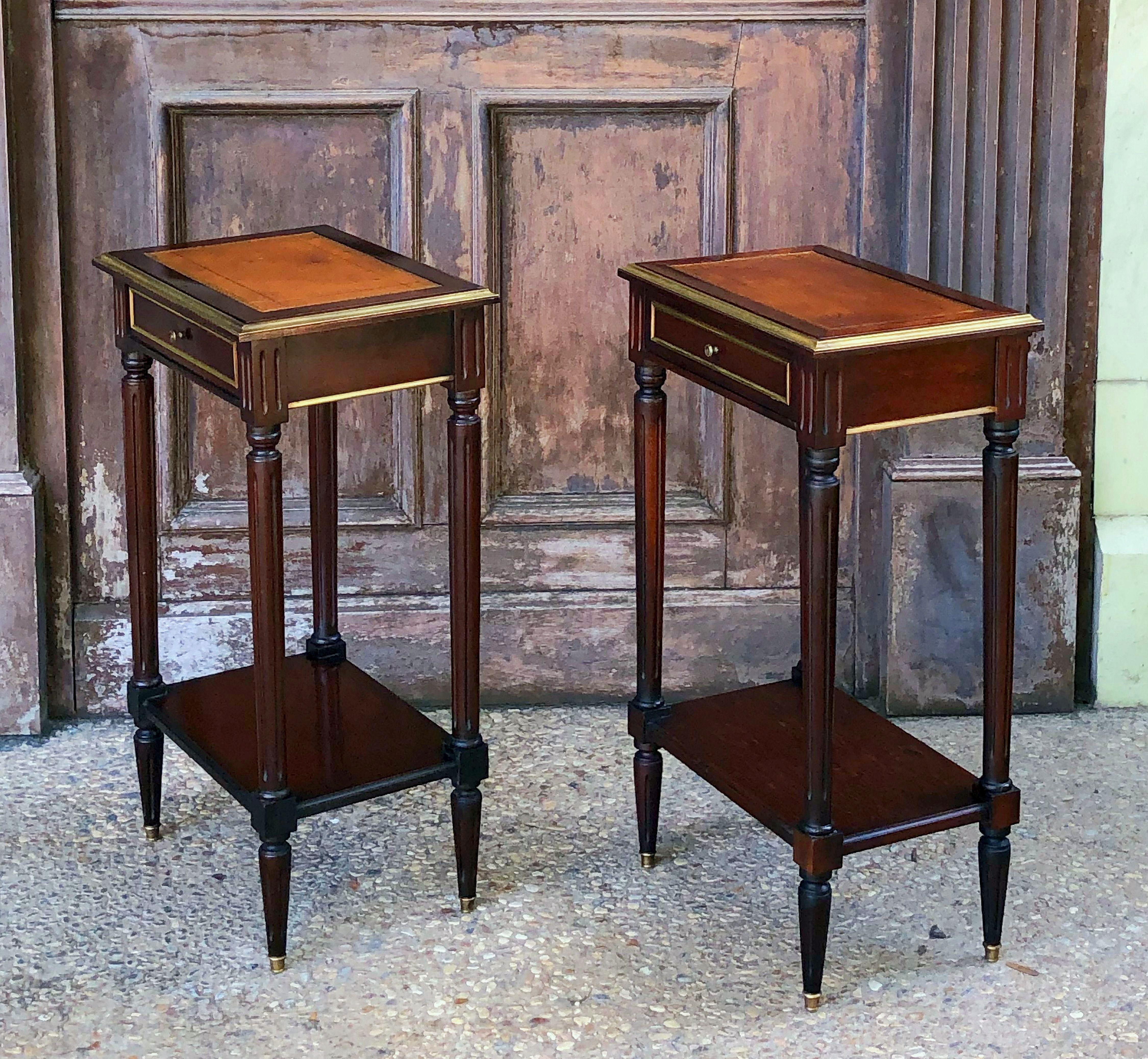20th Century Pair of French Mahogany and Leather Side Tables or Nightstands ‘Priced as Pair’