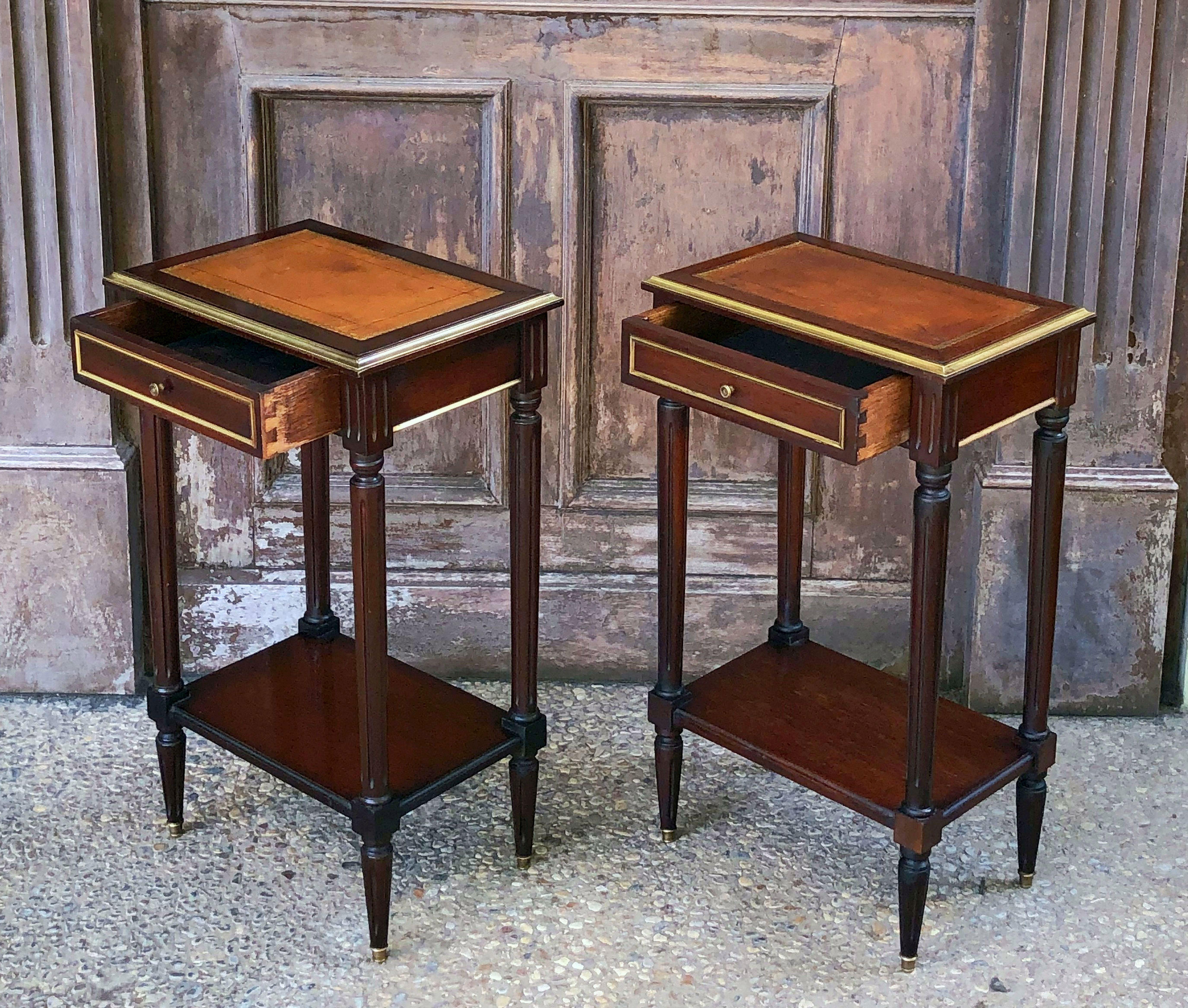 Metal Pair of French Mahogany and Leather Side Tables or Nightstands ‘Priced as Pair’