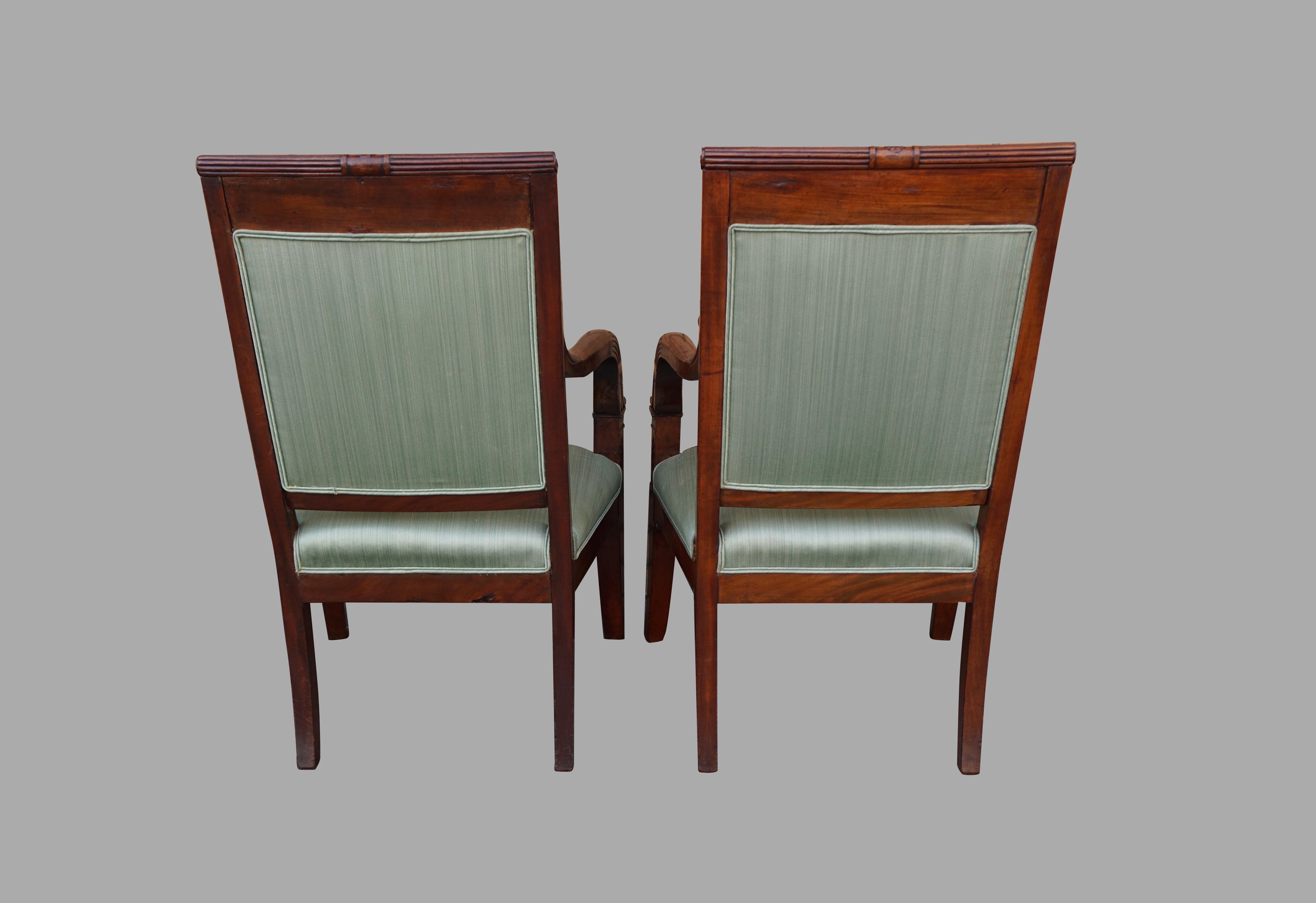 Pair of French Mahogany Charles X Upholstered Armchairs In Good Condition In San Francisco, CA