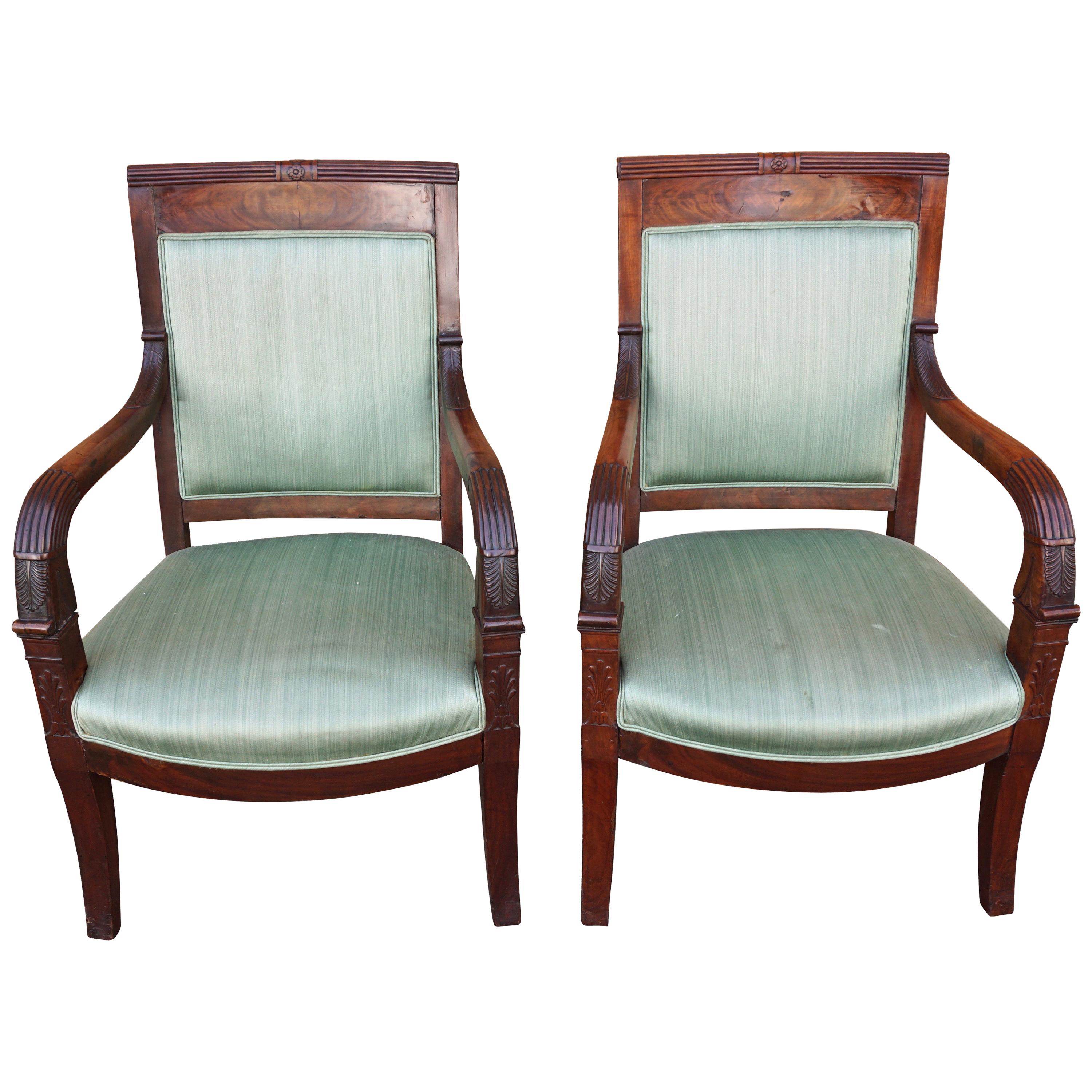Pair of French Mahogany Charles X Upholstered Armchairs