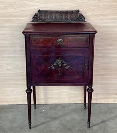 Pair of French Mahogany Nightstands with Drawer, Door and Bronze Crest