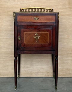 Pair of French Mahogany Nightstands with Drawer, Door and Bronze Crest