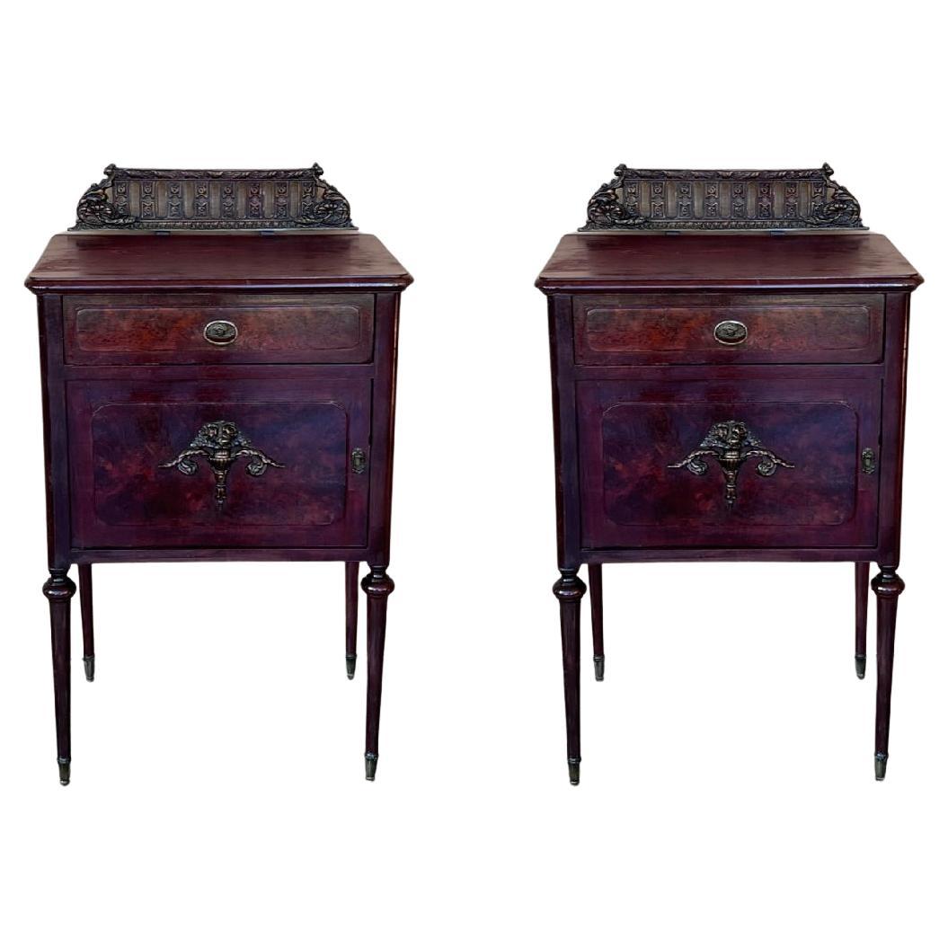 Pair of French Mahogany Nightstands with Drawer, Door and Bronze Crest