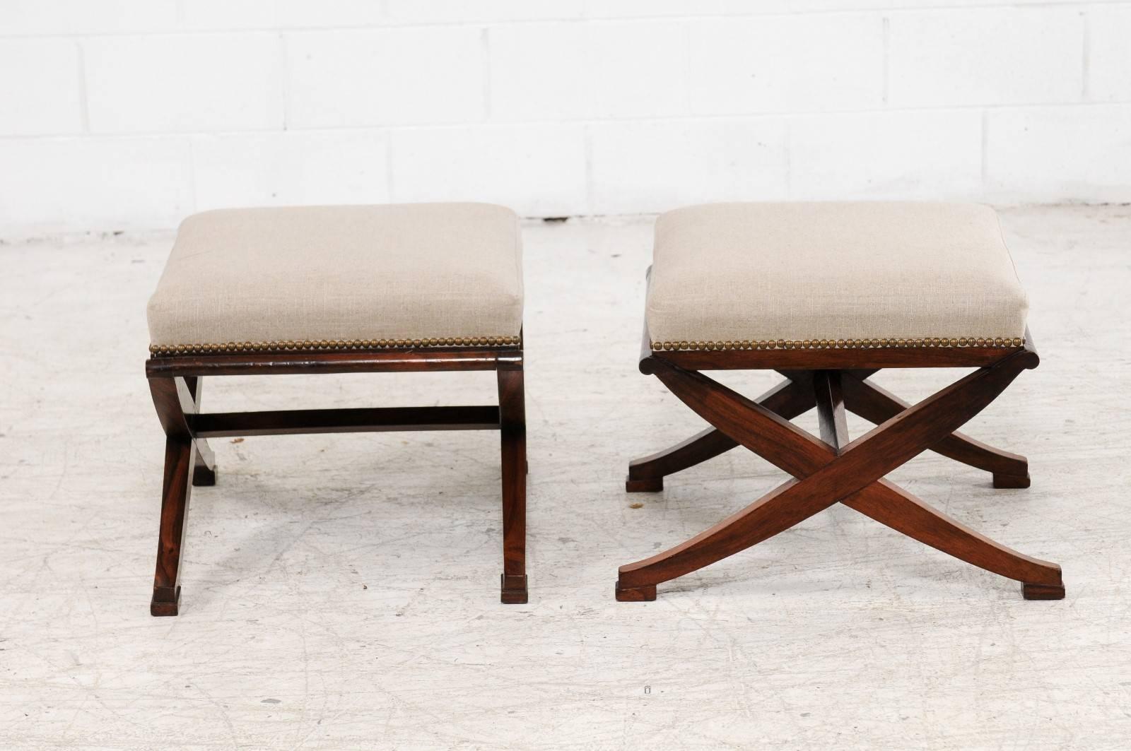 19th Century Pair of French Mahogany X-Form Stools, circa 1870 with Newly Upholstered Seats