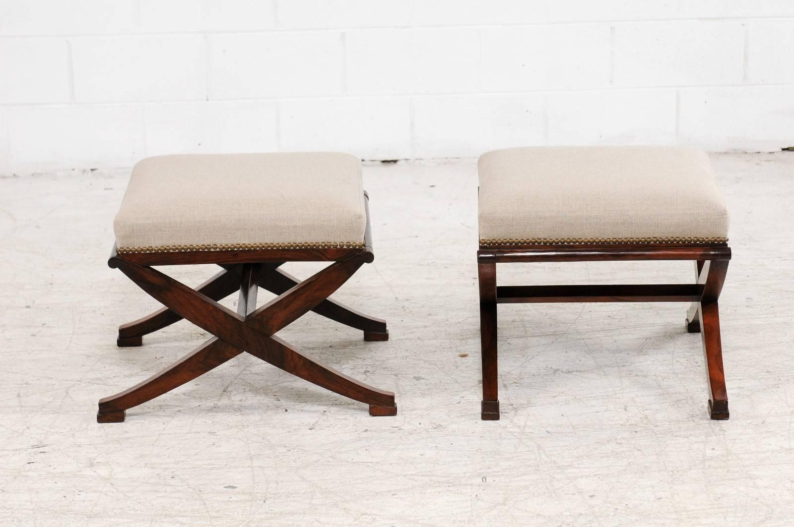 Upholstery Pair of French Mahogany X-Form Stools, circa 1870 with Newly Upholstered Seats