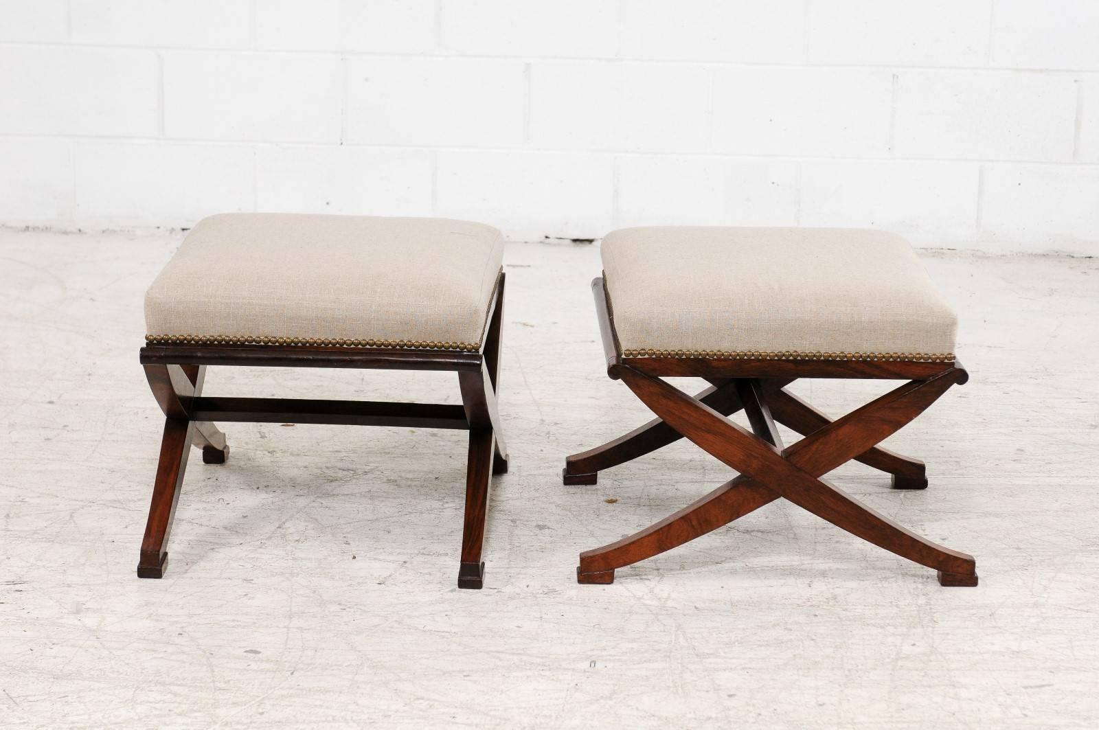 Pair of French Mahogany X-Form Stools, circa 1870 with Newly Upholstered Seats 1