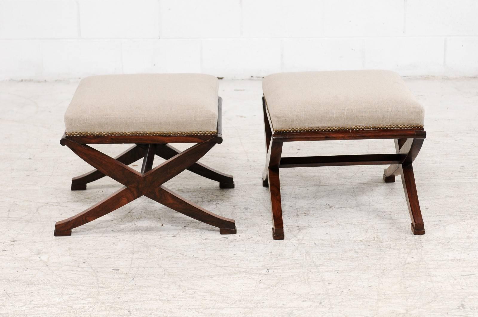 Pair of French Mahogany X-Form Stools, circa 1870 with Newly Upholstered Seats 2