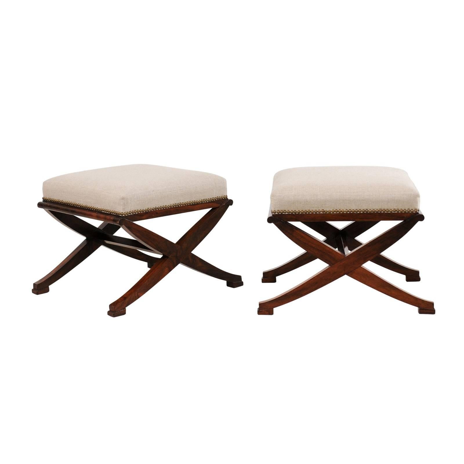 Pair of French Mahogany X-Form Stools, circa 1870 with Newly Upholstered Seats
