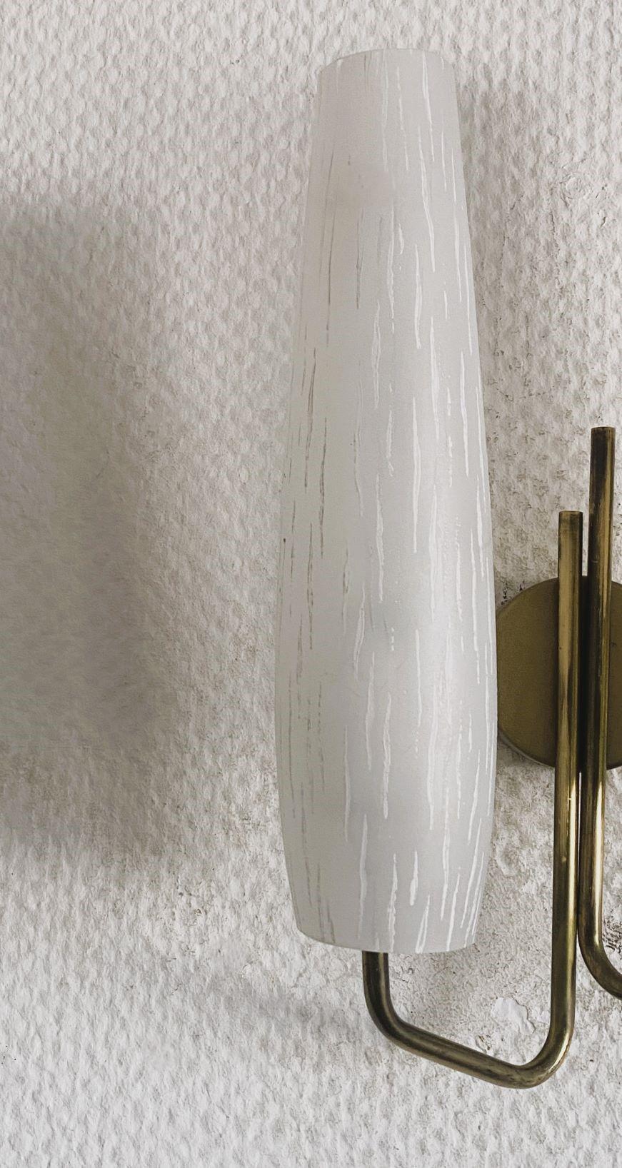 Pair of French Maison Arlus Brass Glass Double Light Wall Sconces, France, 1950s 4