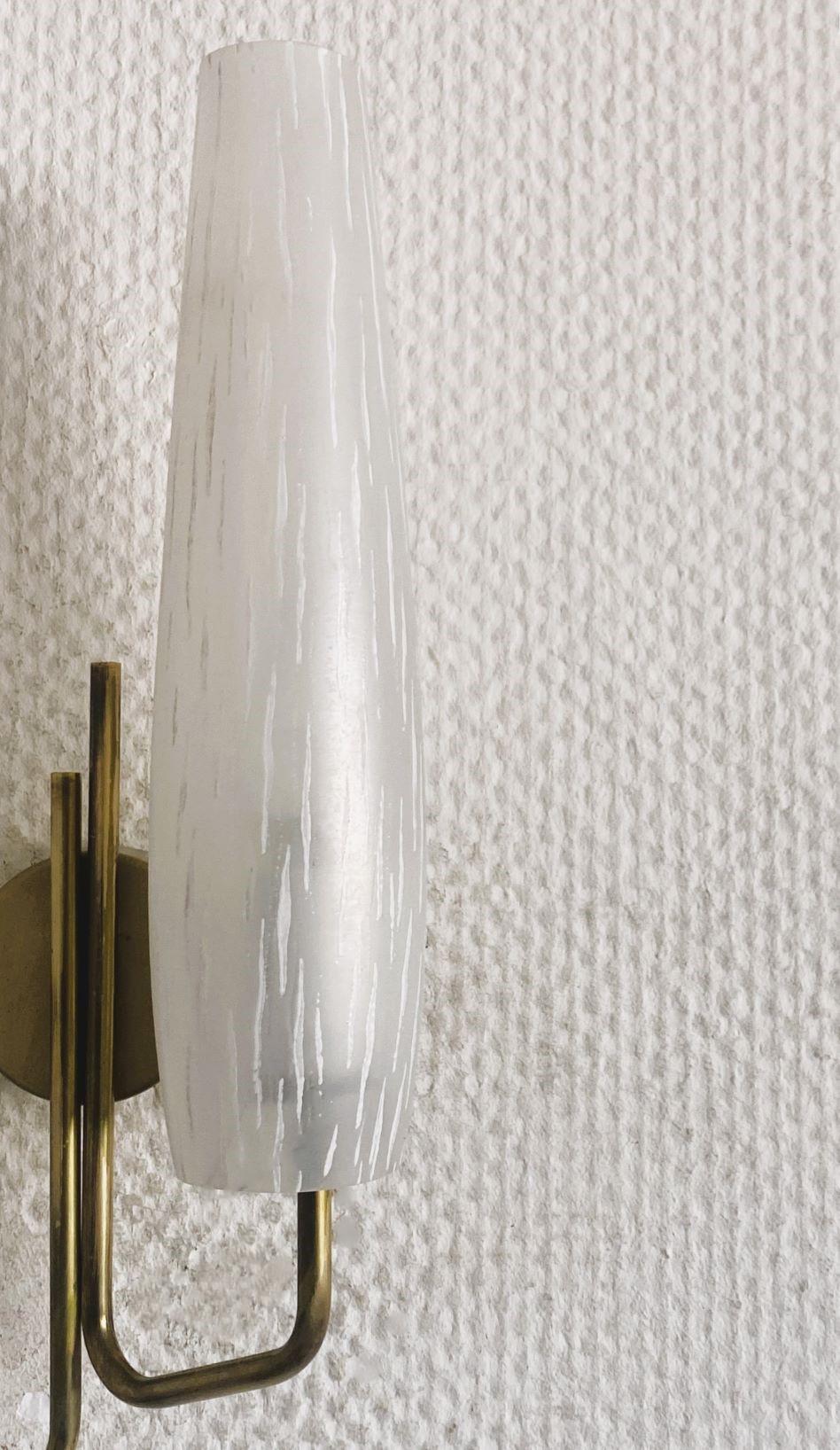 Pair of French Maison Arlus Brass Glass Double Light Wall Sconces, France, 1950s 5