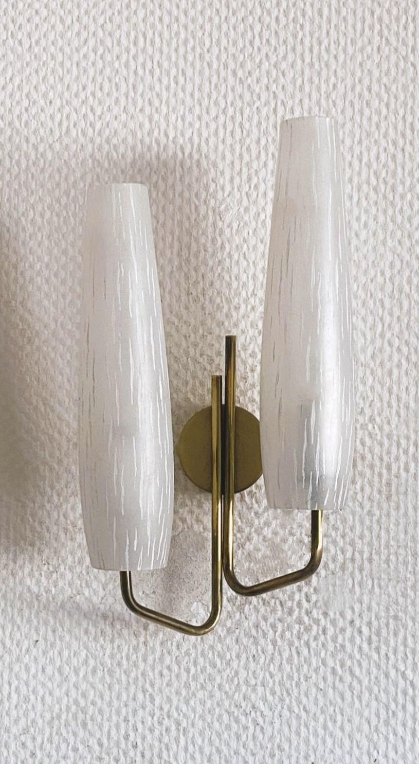 Mid-Century Modern Pair of French Maison Arlus Brass Glass Double Light Wall Sconces, France, 1950s
