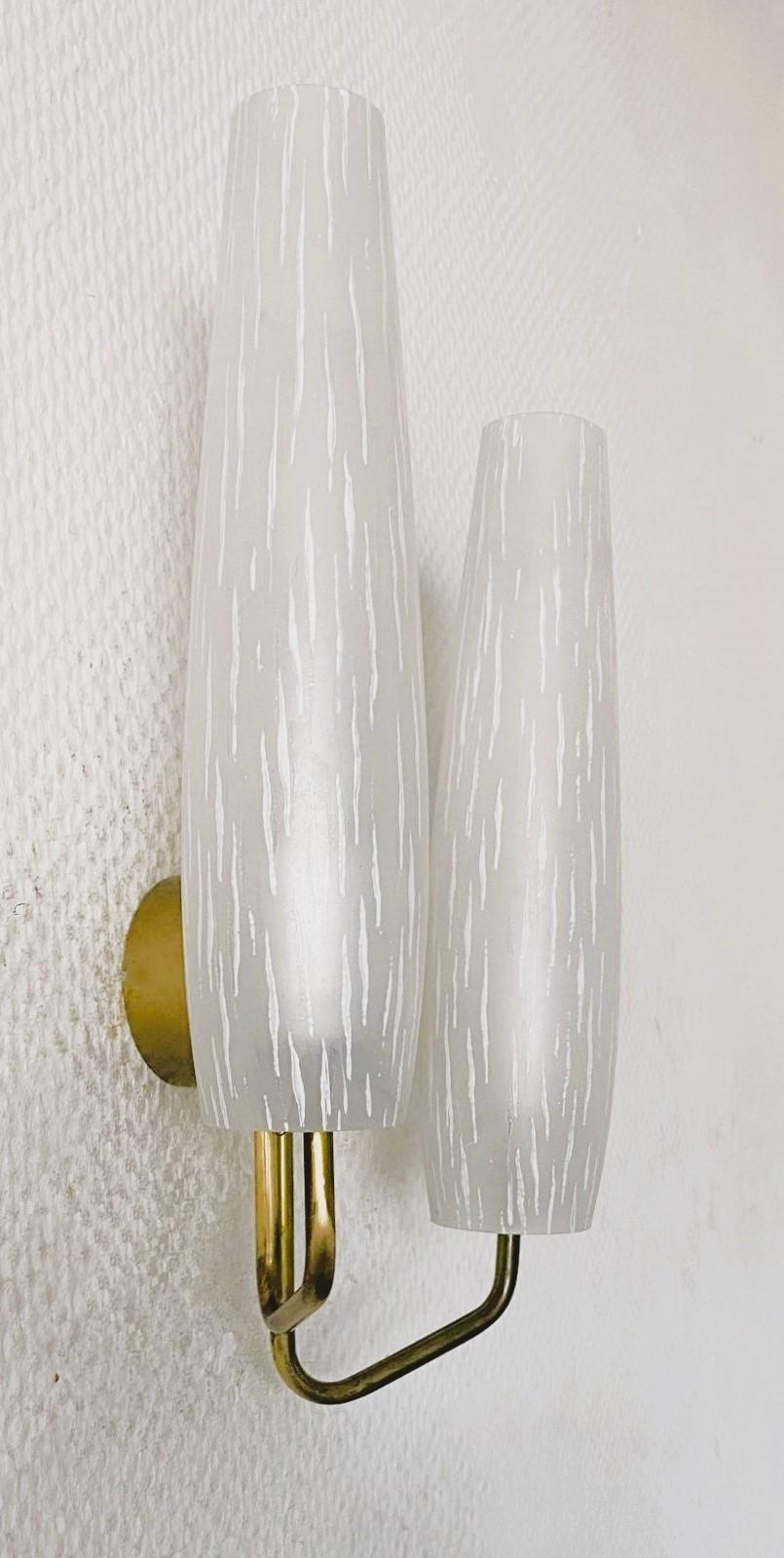 20th Century Pair of French Maison Arlus Brass Glass Double Light Wall Sconces, France, 1950s