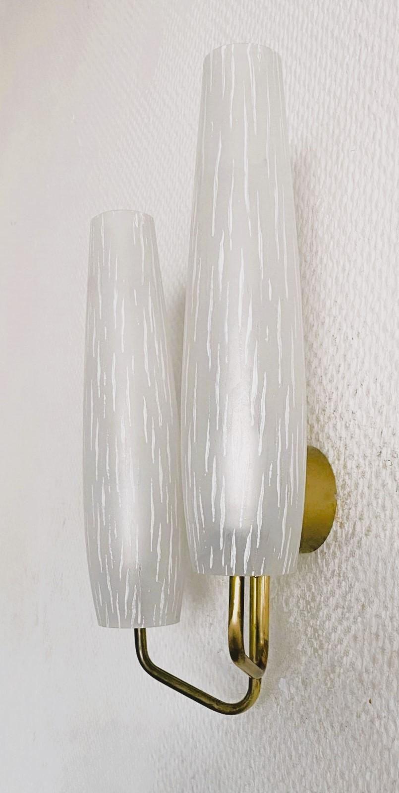 Metal Pair of French Maison Arlus Brass Glass Double Light Wall Sconces, France, 1950s