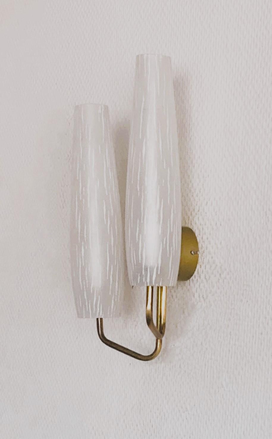 Pair of French Maison Arlus Brass Glass Double Light Wall Sconces, France, 1950s 1