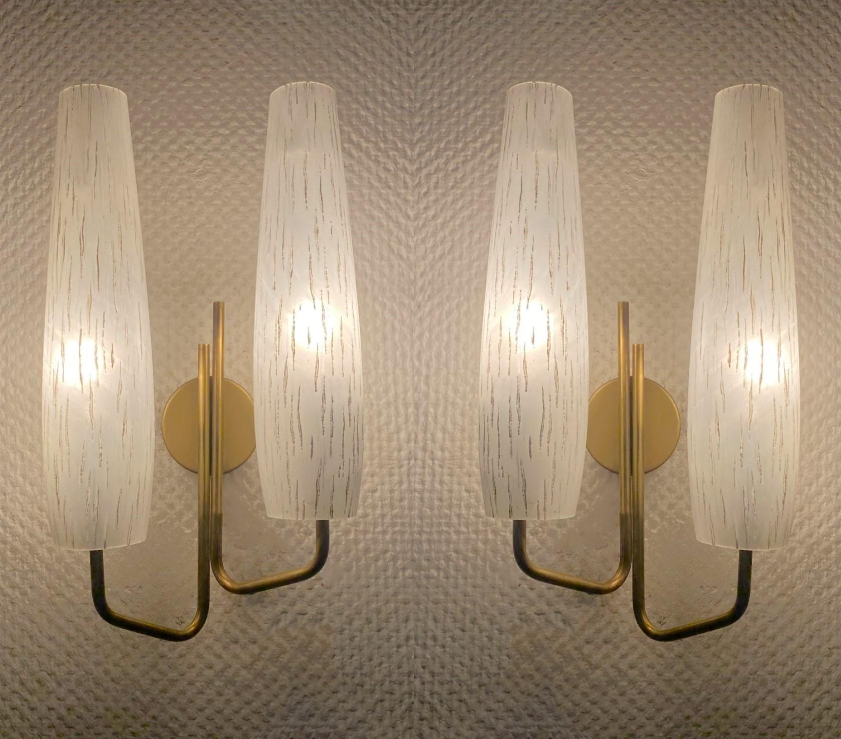 Pair of French Maison Arlus Brass Glass Double Light Wall Sconces, France, 1950s 2