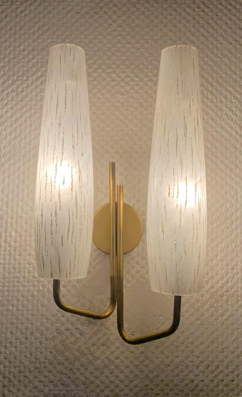 Pair of French Maison Arlus Brass Glass Double Light Wall Sconces, France, 1950s 3