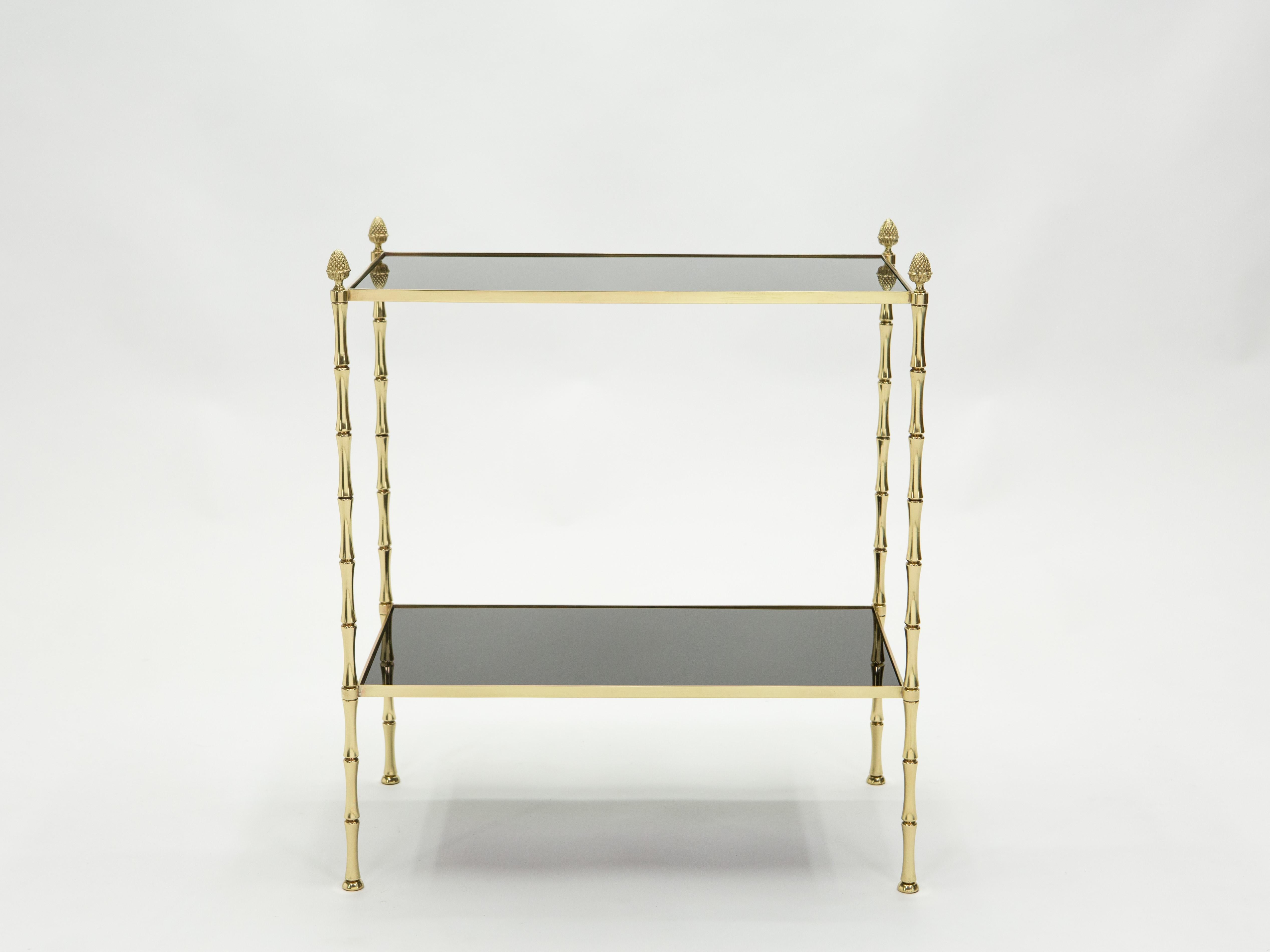 Pair of French Maison Baguès Bamboo Brass Black Top Two-Tier End Tables, 1960s 5