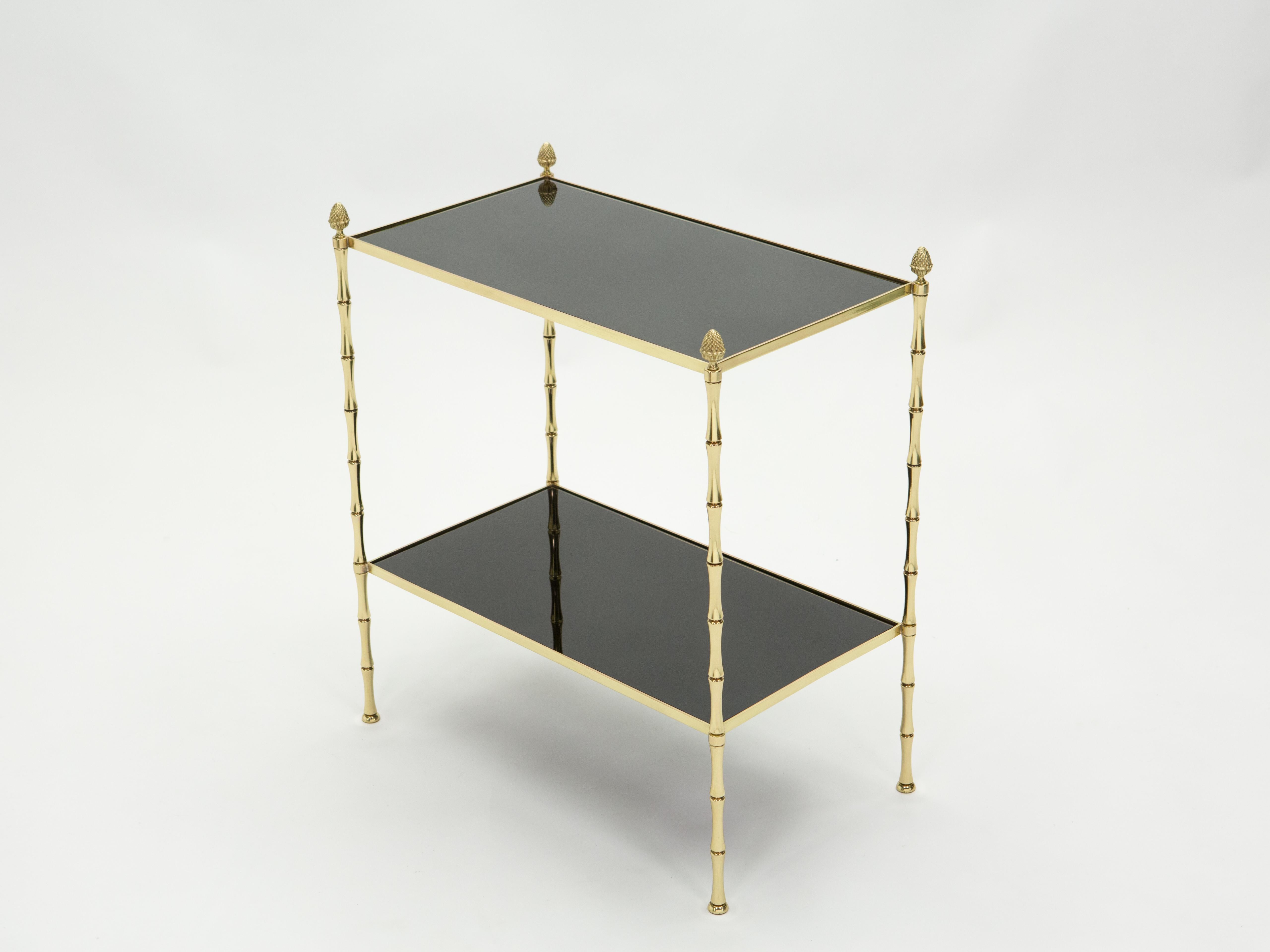 Pair of French Maison Baguès Bamboo Brass Black Top Two-Tier End Tables, 1960s 6
