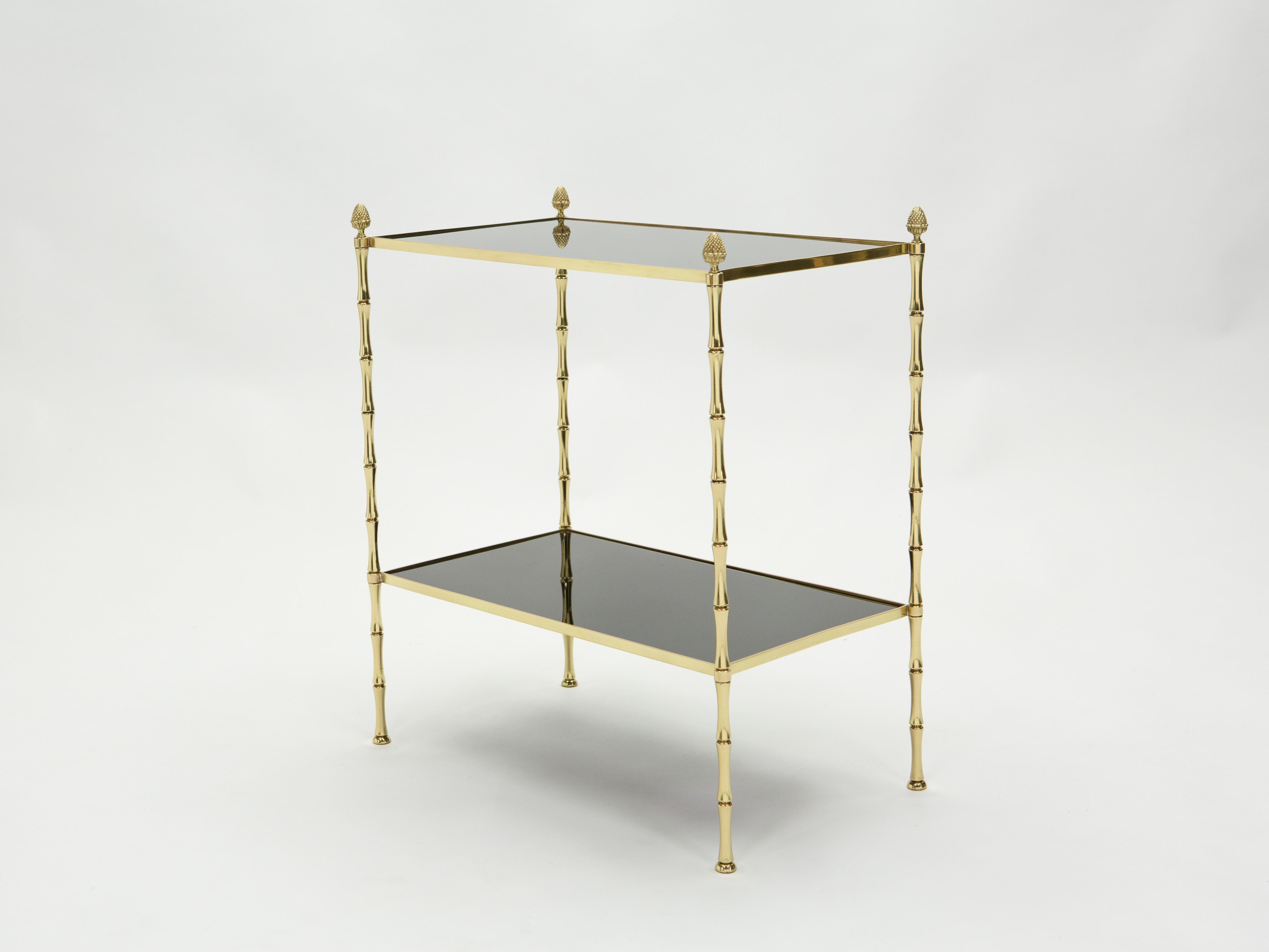 Pair of French Maison Baguès Bamboo Brass Black Top Two-Tier End Tables, 1960s 7