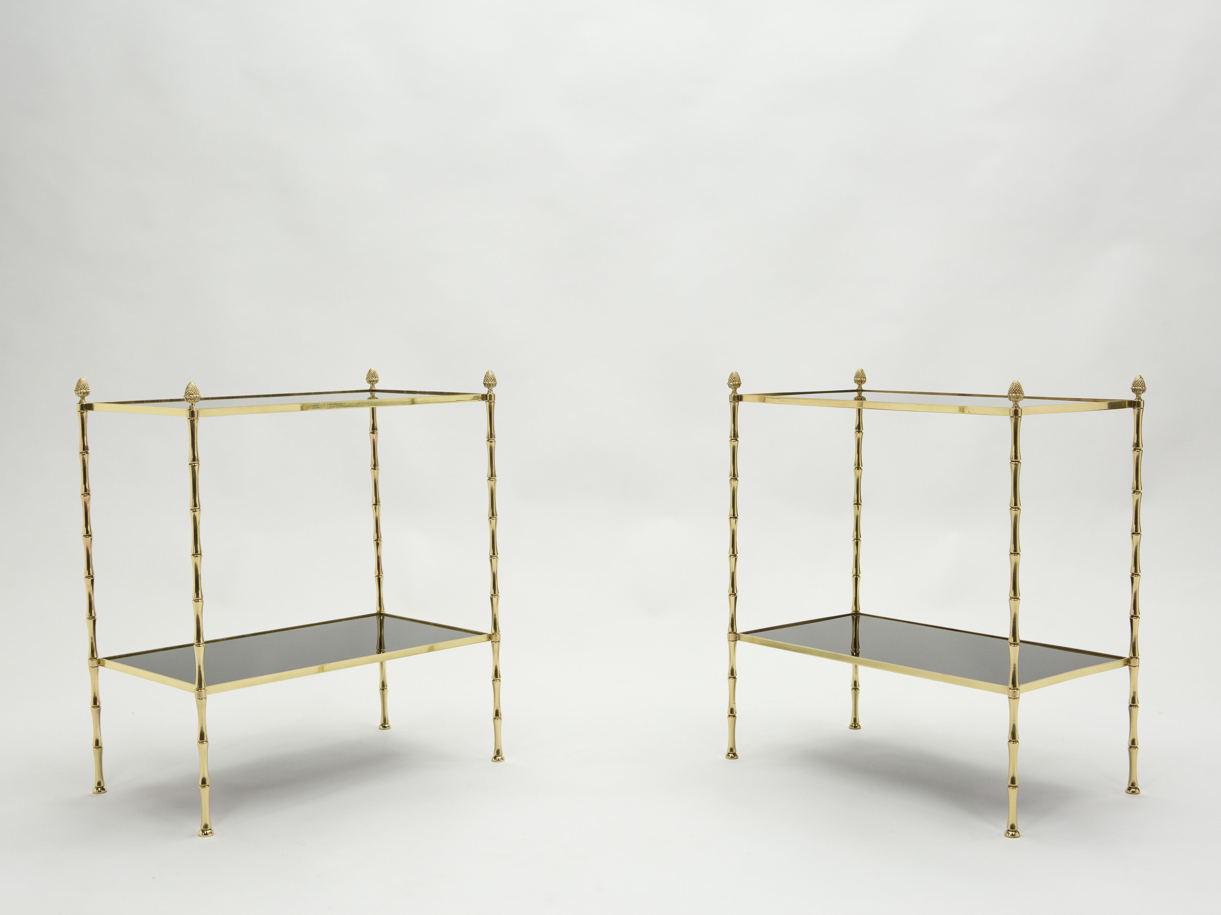 Pair of French Maison Baguès Bamboo Brass Black Top Two-Tier End Tables, 1960s 8