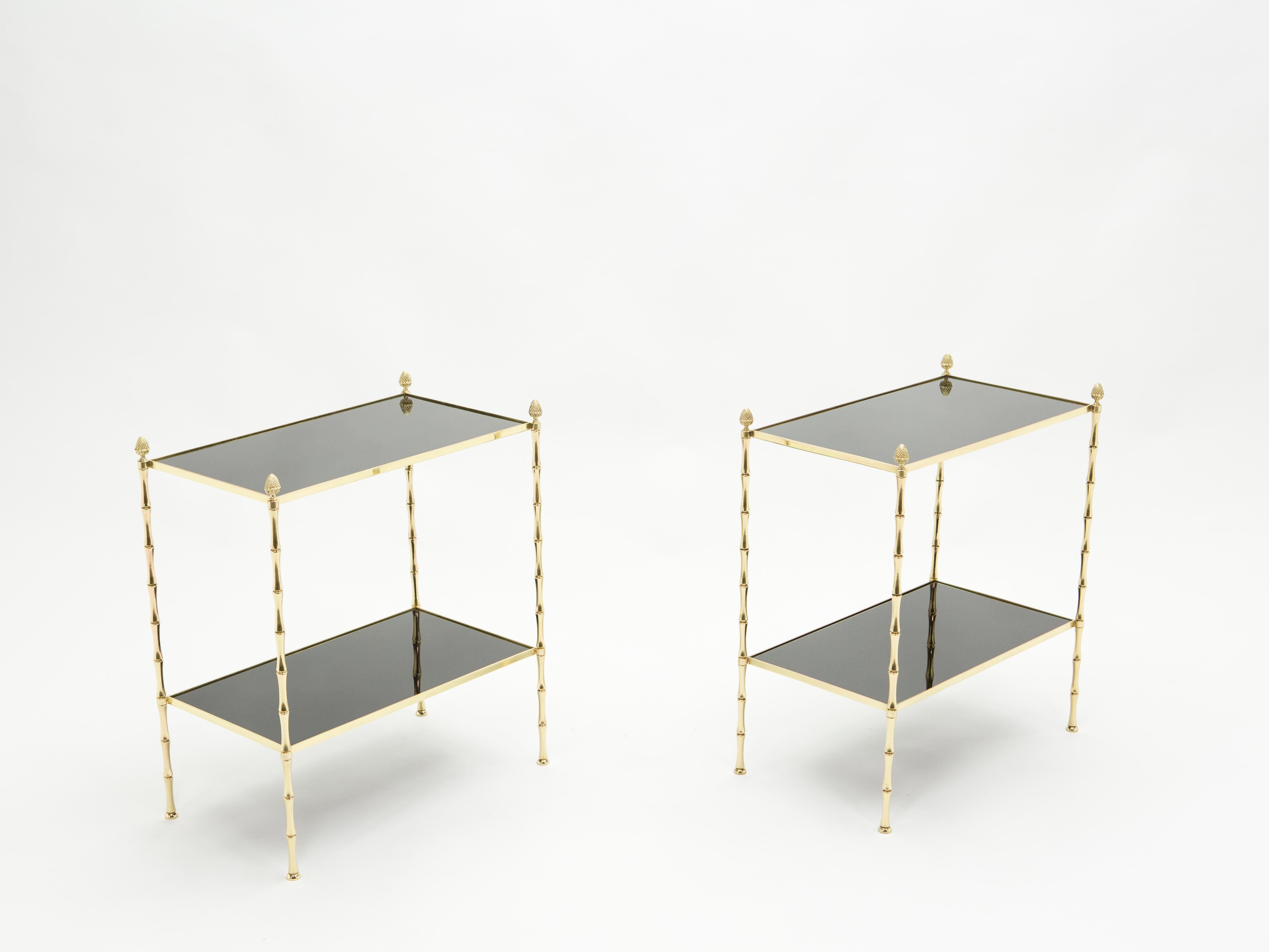 Pair of French Maison Baguès Bamboo Brass Black Top Two-Tier End Tables, 1960s 9