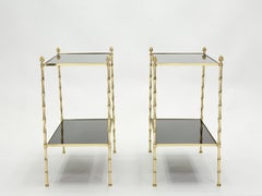 Pair of French Maison Baguès Bamboo Brass Black Top Two-Tier End Tables, 1960s