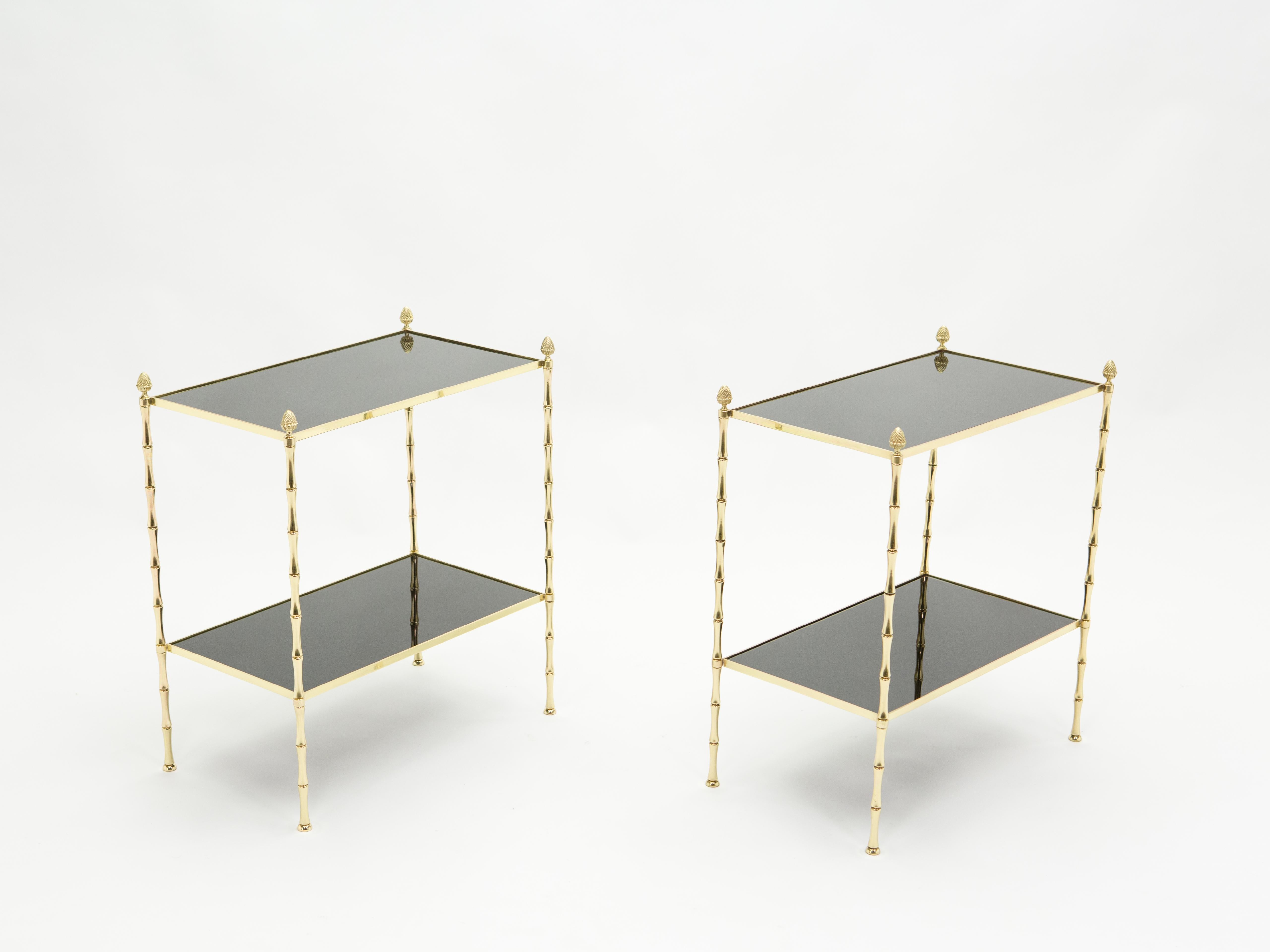 Mid-Century Modern Pair of French Maison Baguès Bamboo Brass Black Top Two-Tier End Tables, 1960s