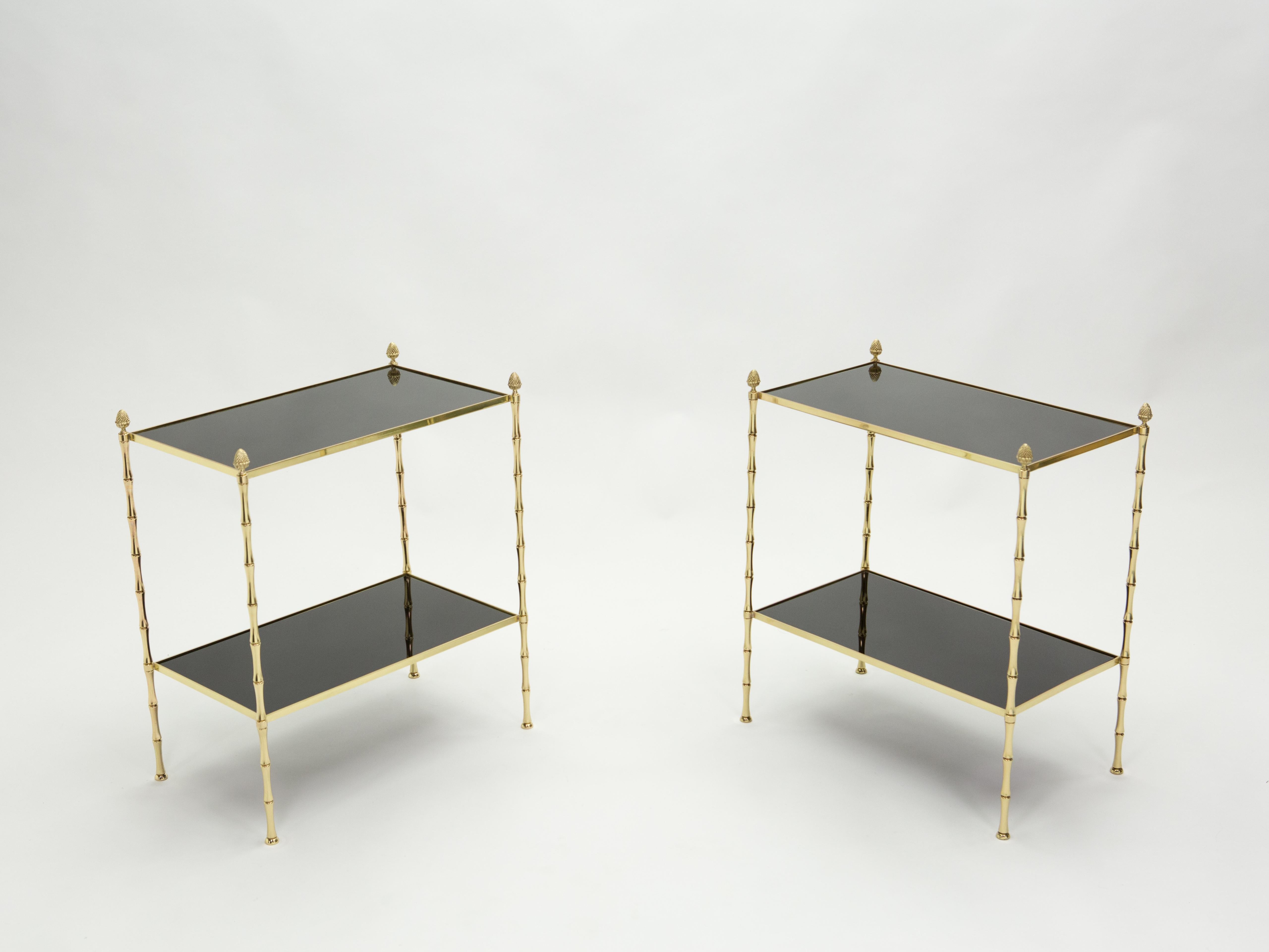Pair of French Maison Baguès Bamboo Brass Black Top Two-Tier End Tables, 1960s In Good Condition In Paris, IDF