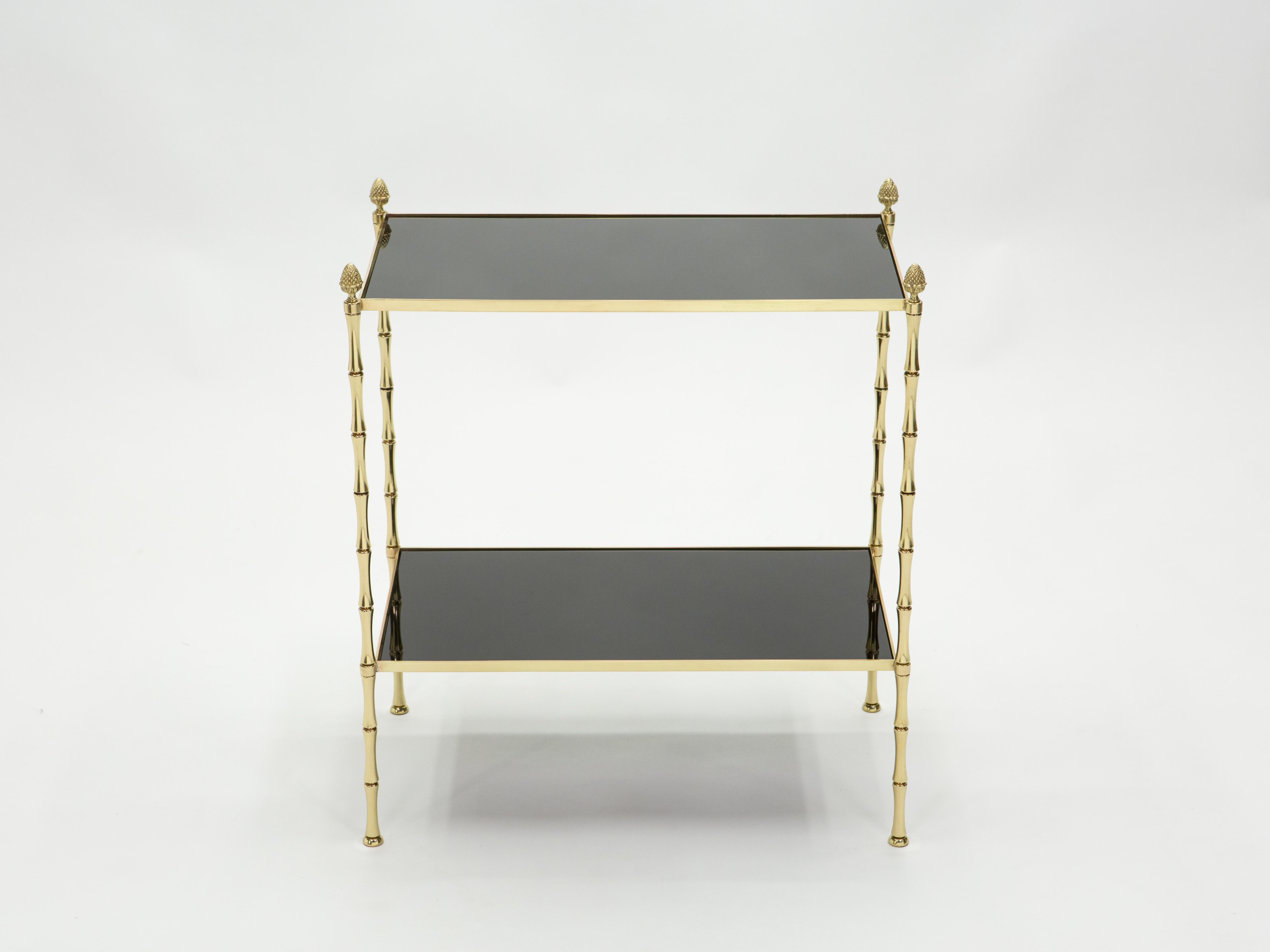 Mid-20th Century Pair of French Maison Baguès Bamboo Brass Black Top Two-Tier End Tables, 1960s