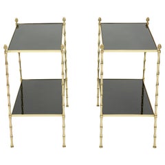Vintage Pair of French Maison Baguès Bamboo Brass Black Top Two-Tier End Tables, 1960s