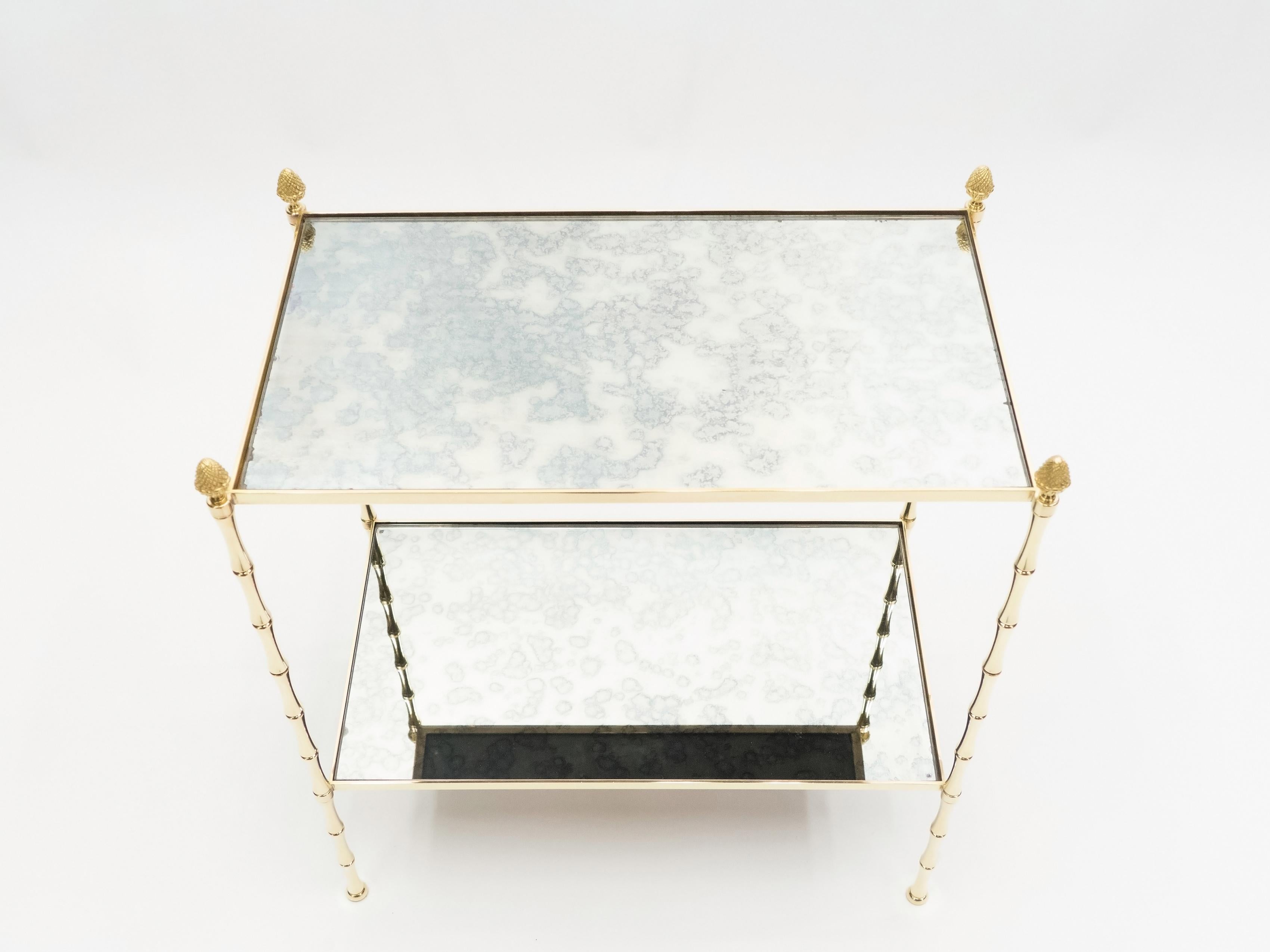 Pair of French Maison Baguès Bamboo Brass Mirrored Two-Tier End Tables, 1960s 7