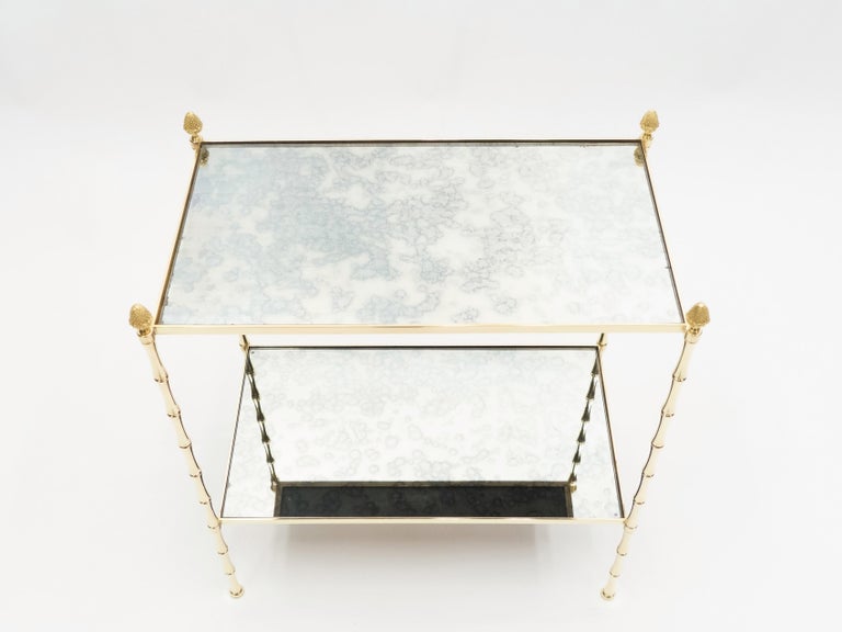 Pair of French Maison Baguès Bamboo Brass Mirrored Two-Tier End Tables, 1960s For Sale 7