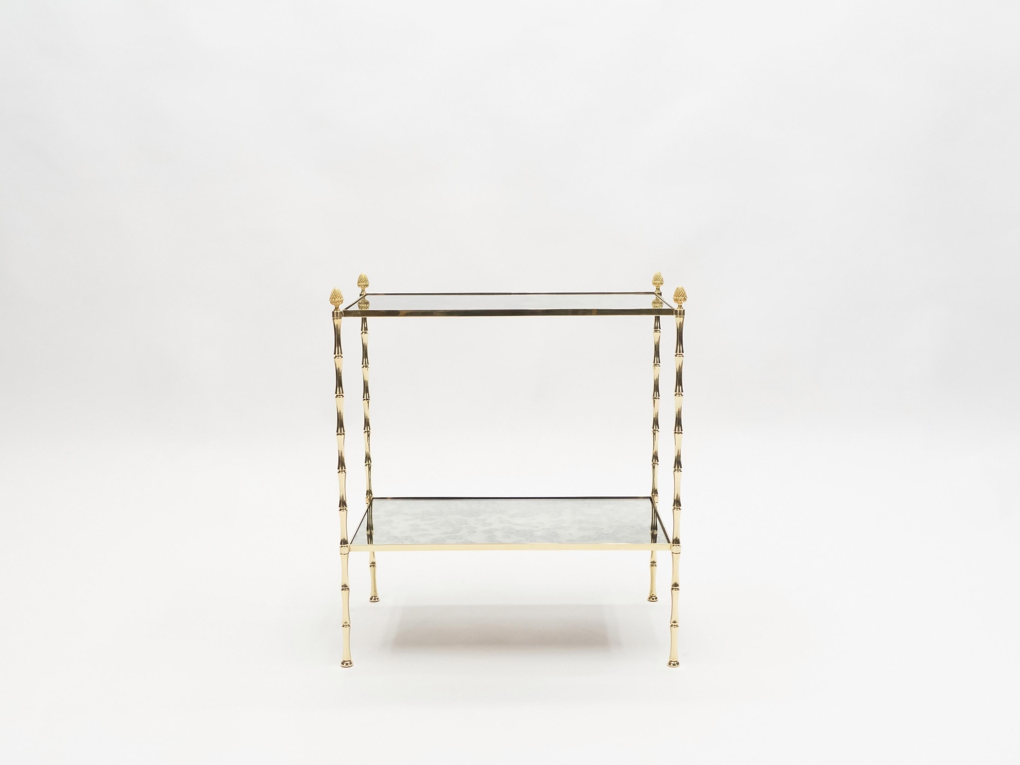 Pair of French Maison Baguès Bamboo Brass Mirrored Two-Tier End Tables, 1960s 8