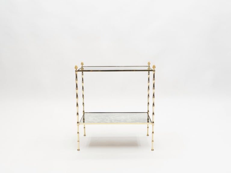 Pair of French Maison Baguès Bamboo Brass Mirrored Two-Tier End Tables, 1960s For Sale 8