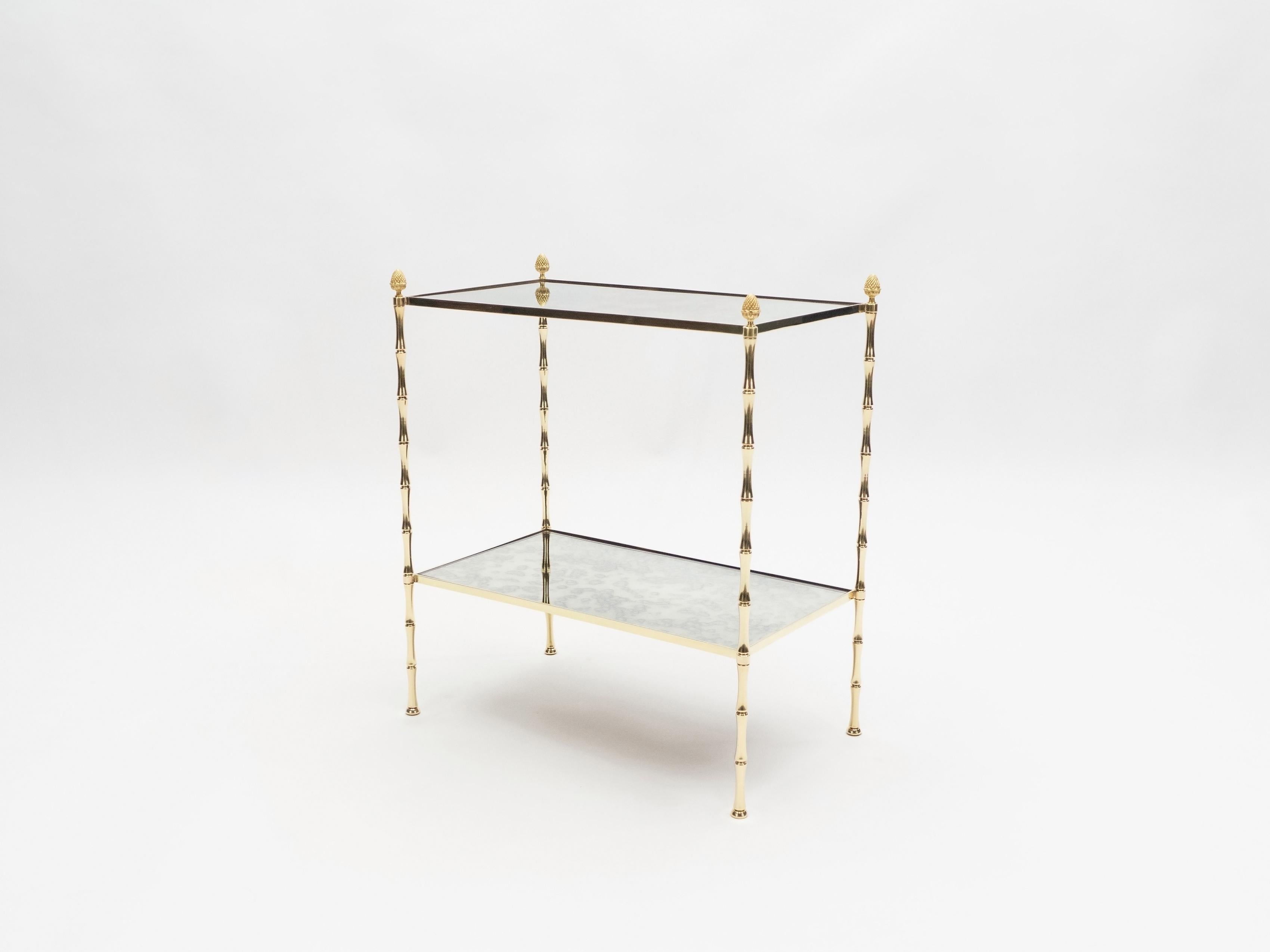 Pair of French Maison Baguès Bamboo Brass Mirrored Two-Tier End Tables, 1960s 9