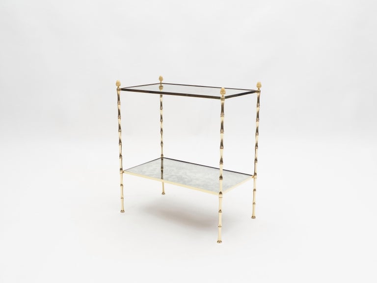 Pair of French Maison Baguès Bamboo Brass Mirrored Two-Tier End Tables, 1960s For Sale 9