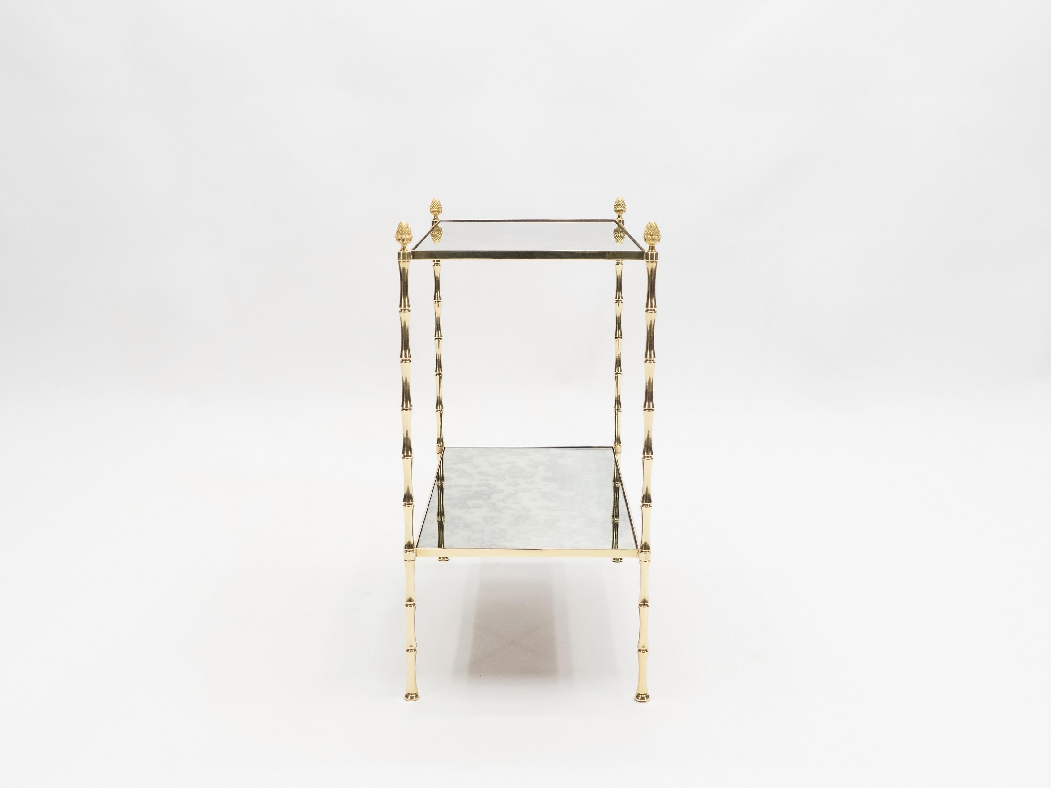 Pair of French Maison Baguès Bamboo Brass Mirrored Two-Tier End Tables, 1960s 10