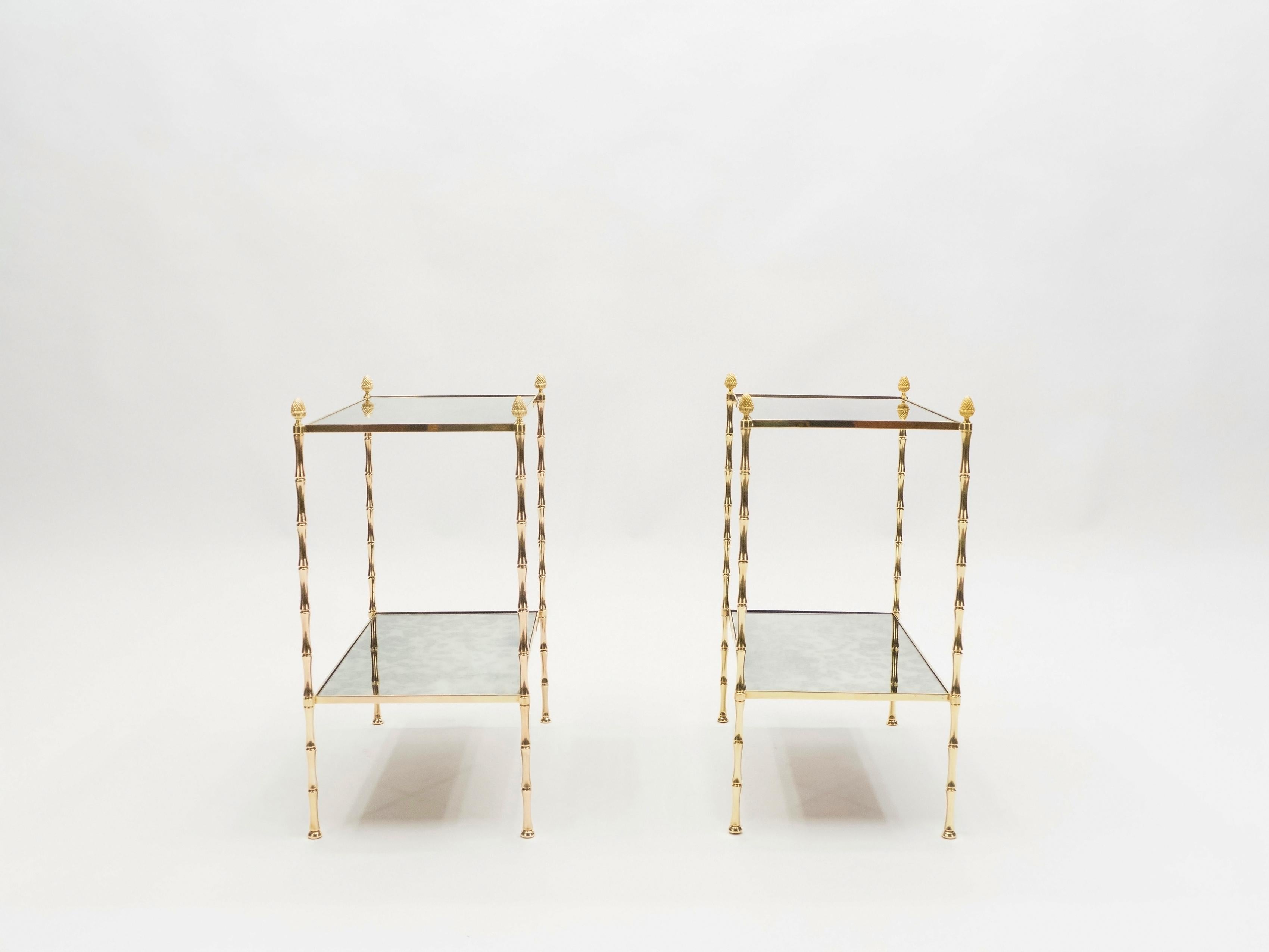 Pair of French Maison Baguès Bamboo Brass Mirrored Two-Tier End Tables, 1960s 13